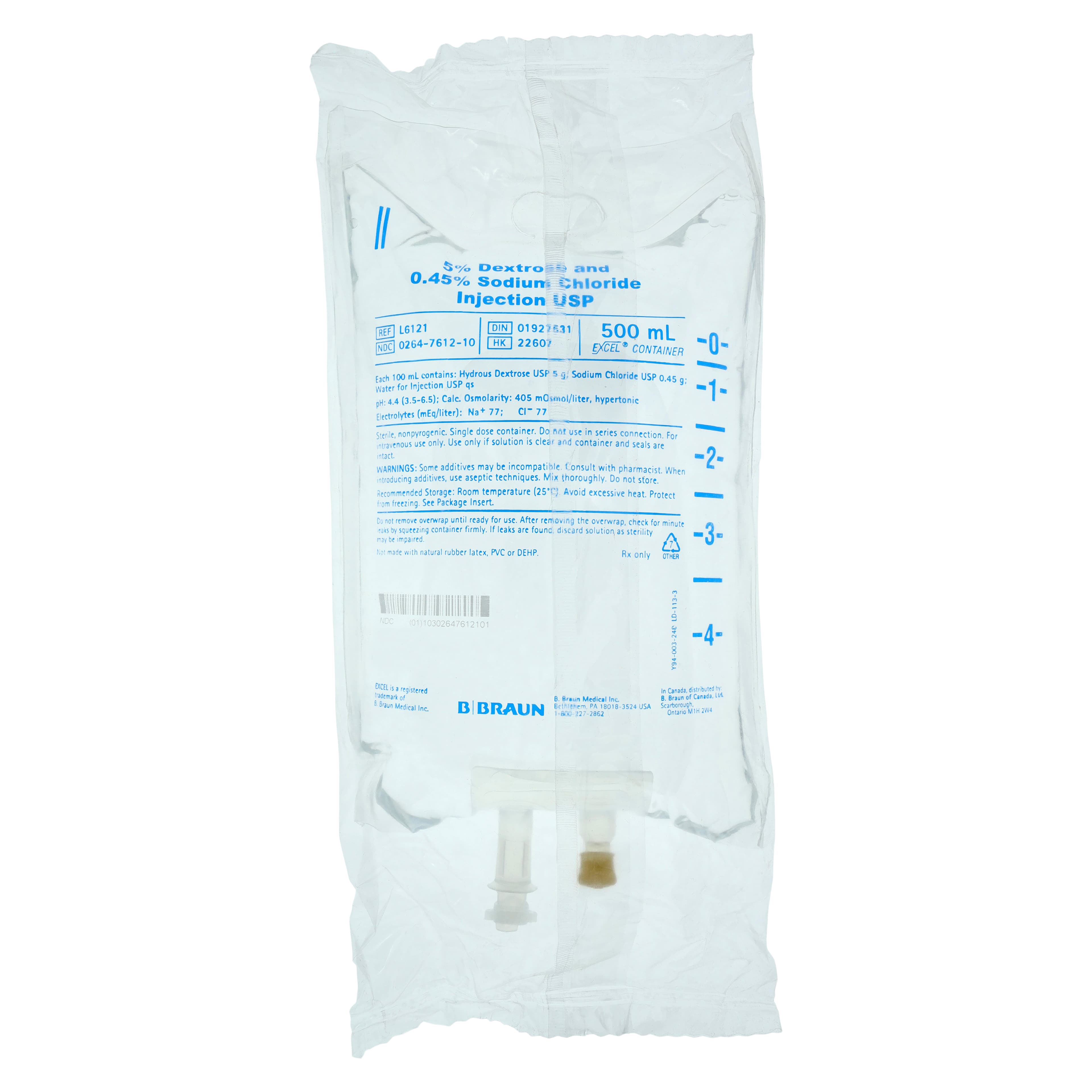 B. Braun 5% Dextrose & 0.45% Sodium Chloride Injection, USP, 500 mL, Viaflex Plastic Container, L6121 - 5% Dextrose & 0.45% Sodium Chloride Irrigation 500ml - Image 1