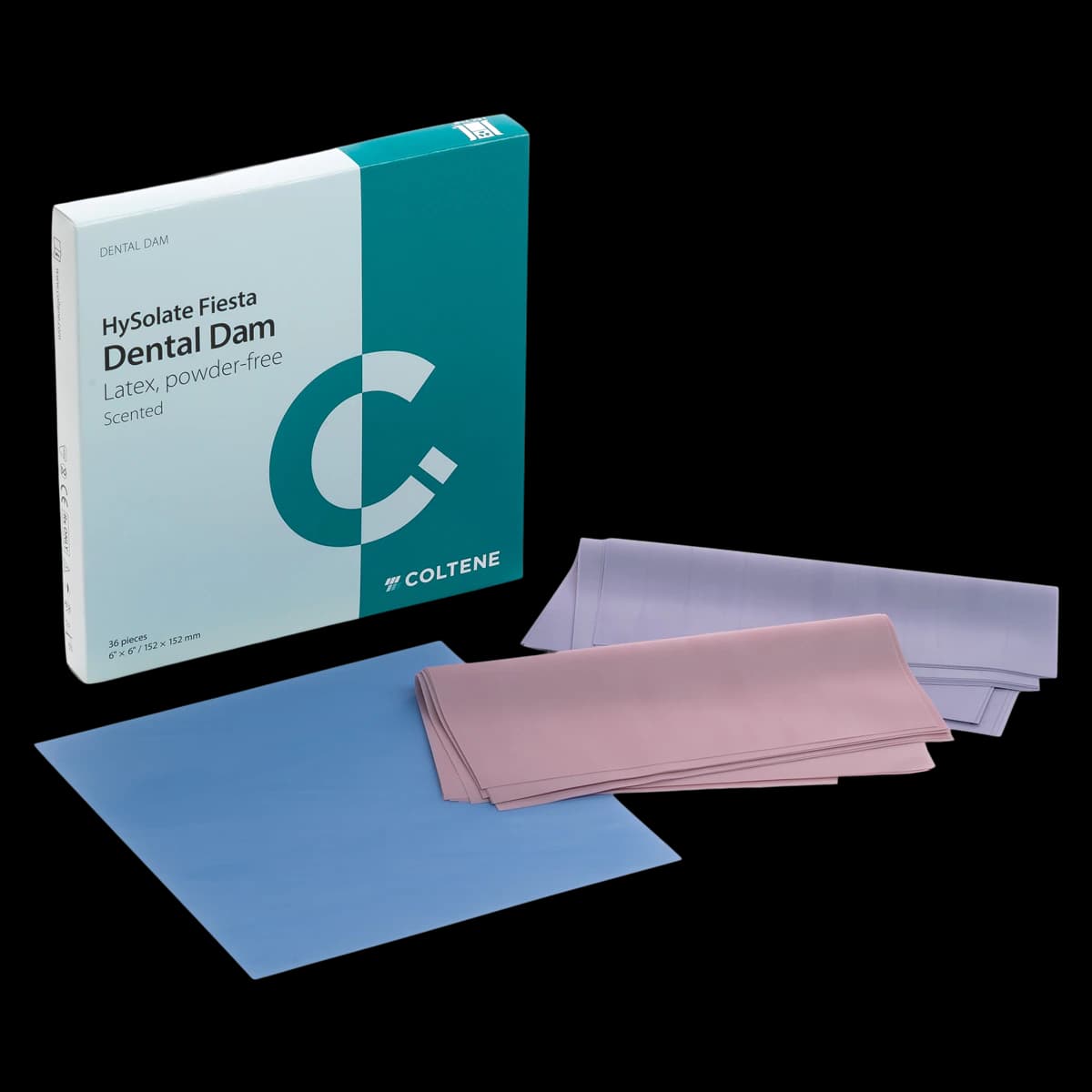HySolate Fiesta Latex Dental Dam, Assorted Colors, Medium Gauge, 6" x 6", Fruit Scented, 36/Box, 60034436 - HySolate Fiesta Latex Dental Dam 6x6 Assorted Medium Pack of 36 - Image 1