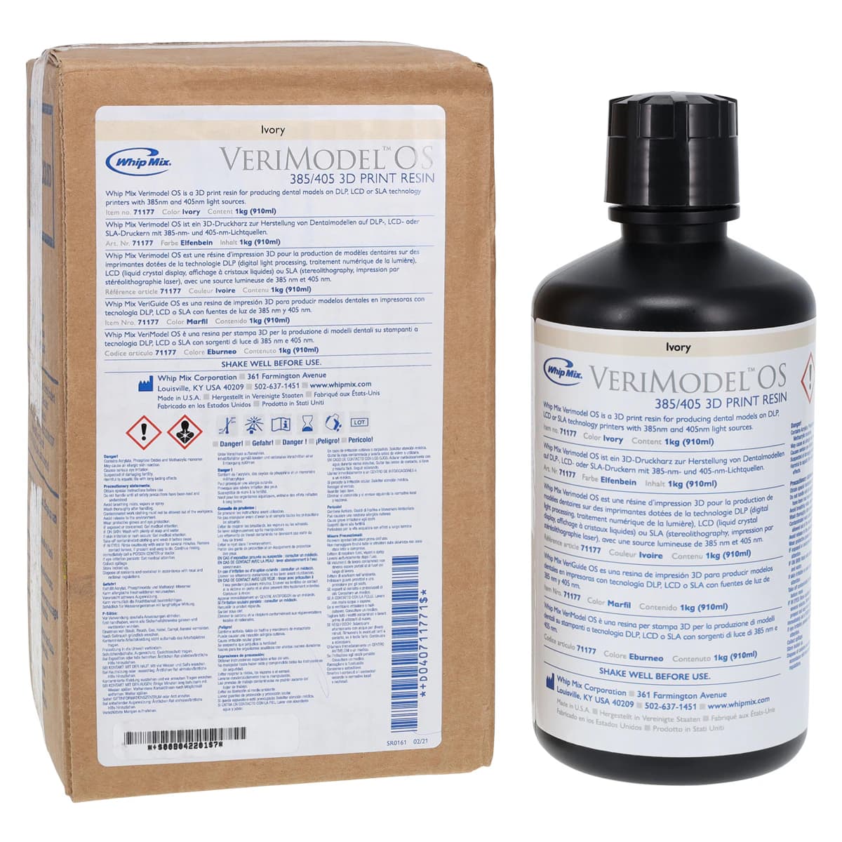 Whip Mix VeriMODEL OS Ivory 3D Printing Resin, 385/405nm, 1kg (910mL) Bottle, #71177 - VeriMODEL Ivory Resin - Image 1
