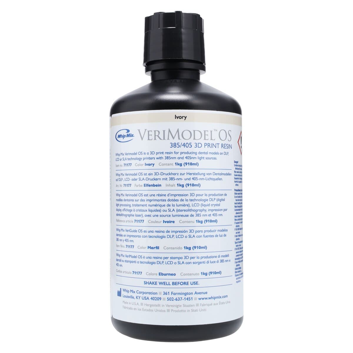 Whip Mix VeriMODEL OS Ivory 3D Printing Resin, 385/405nm, 1kg (910mL) Bottle, #71177 thumbnail 3
