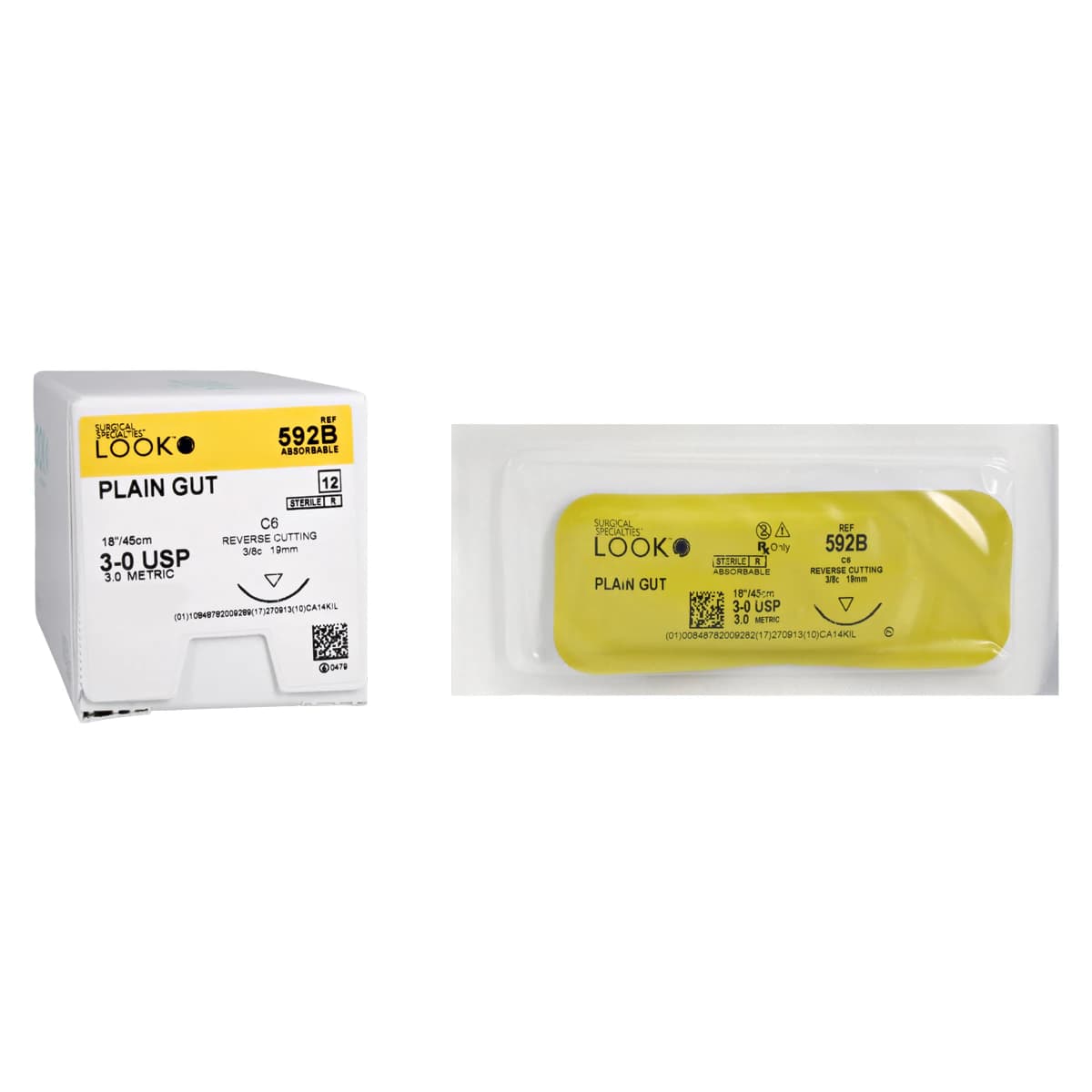 Look Plain Gut Absorbable Suture, 3-0, 18", C-6 Reverse Cutting Needle, 19 mm 3/8 Circle, Beige, 12/Box, 592B - Look Suture 3-0 18" Plain Gut Monofilament C-6 Beige 12Bx - Image 1