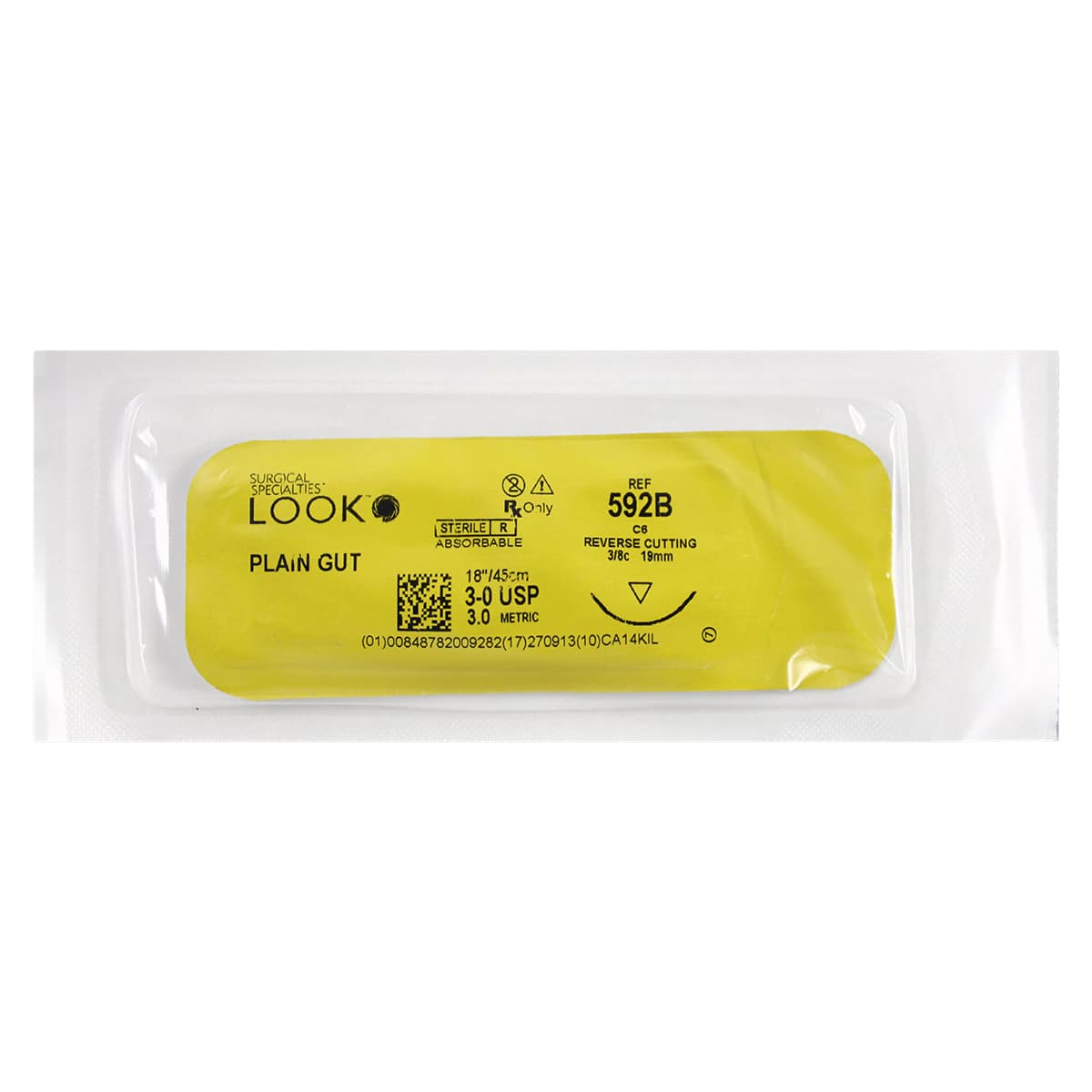 Look Plain Gut Absorbable Suture, 3-0, 18", C-6 Reverse Cutting Needle, 19 mm 3/8 Circle, Beige, 12/Box, 592B thumbnail 3