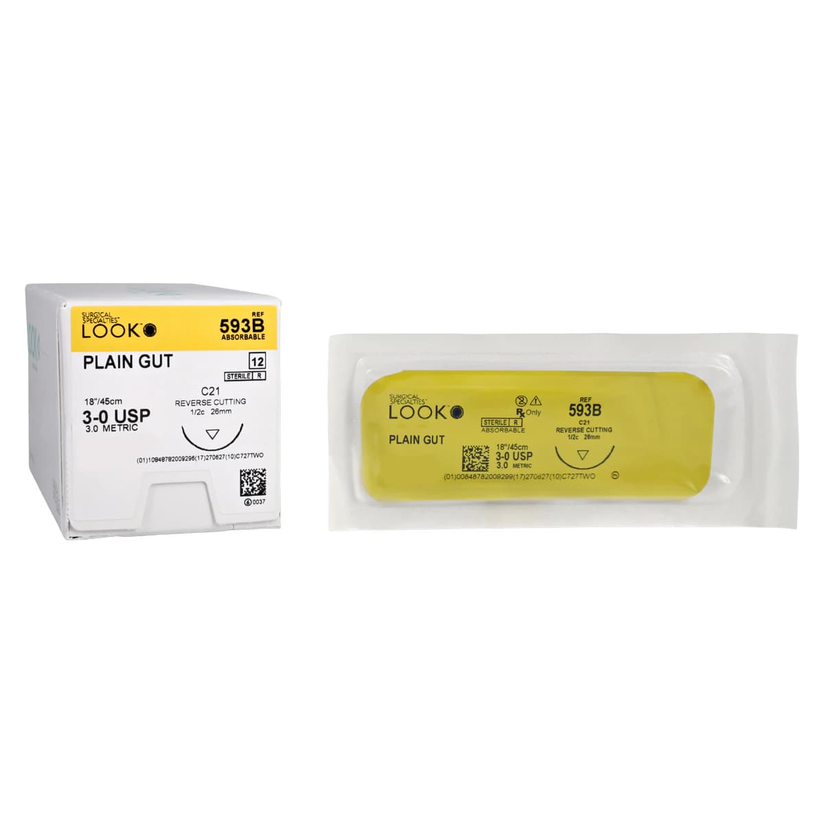 Look Plain Gut Absorbable Suture, 3-0, 18" (45 cm), C-21 Reverse Cutting Needle, 1/2 Circle, 26 mm, Beige, 12/Pk, 593B - Plain Gut Suture with C21 Needle (RC), 26 mm 1/2 Circle, 18"/45 cm, # 3-0, 12/Pk, 593B - Image 1