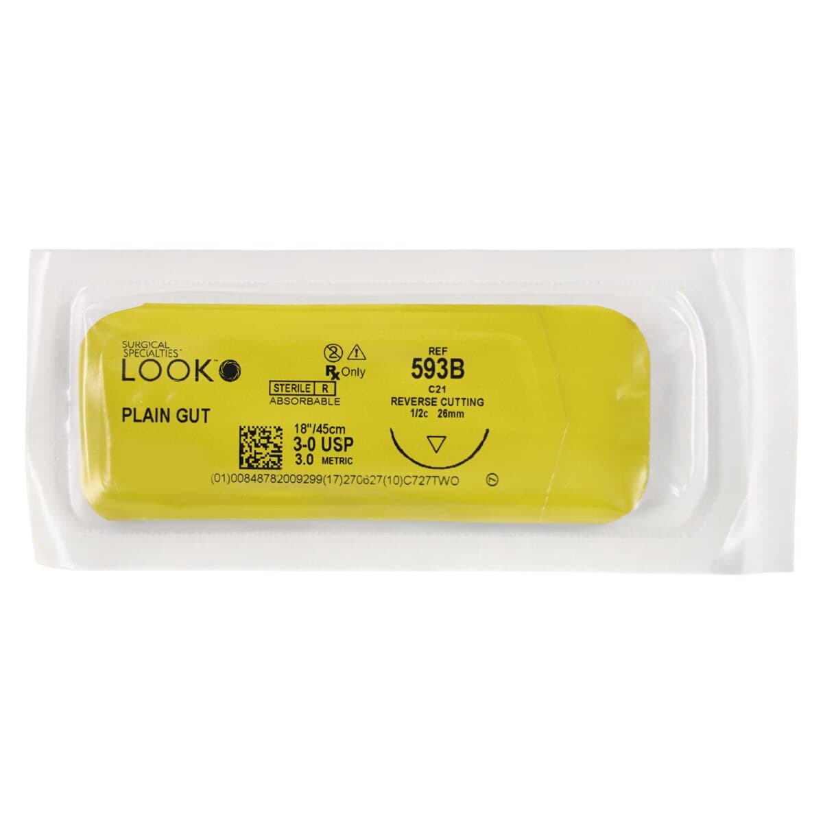 Look Plain Gut Absorbable Suture, 3-0, 18" (45 cm), C-21 Reverse Cutting Needle, 1/2 Circle, 26 mm, Beige, 12/Pk, 593B thumbnail 3