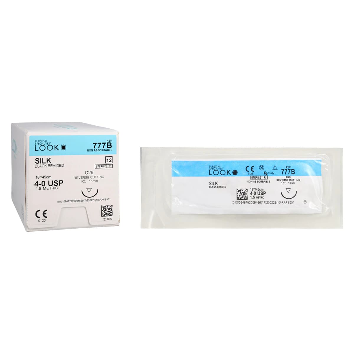 Look Silk Black Braided Non-Absorbable Suture, 4-0, 18"/45 cm, C26 Reverse Cutting 1/2 Circle Needle, 12/Box, 777B thumbnail 2