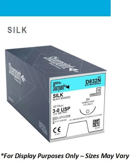 Look Silk Black Braided Non-Absorbable Suture, 4-0, 18"/45 cm, C26 Reverse Cutting 1/2 Circle Needle, 12/Box, 777B - Silk Suture with C26 Needle (RC), Black Braided, 18"/45 cm, # 4-0, 12/Pk, 777B - Image 1