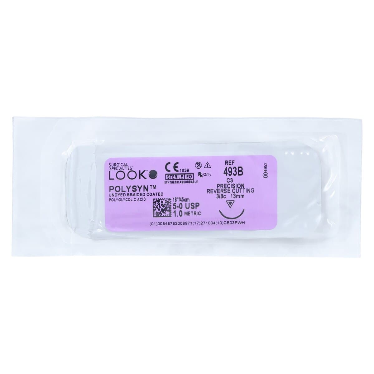 Look PolySyn Polyglycolic Acid Suture, 5-0, 18", Undyed Braided, C3 Precision Reverse Cutting Needle, 12/Box, 493B thumbnail 3