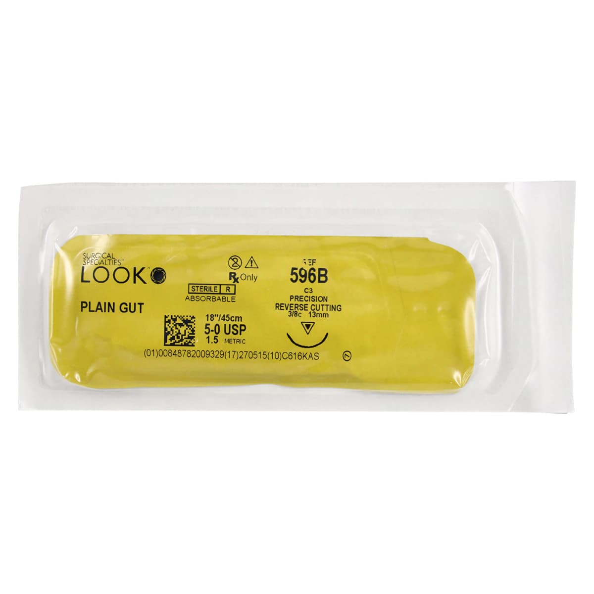 Look Plain Gut Absorbable Suture, 5-0, 18"/45 cm, C3 Precision Reverse Cutting Needle, 13 mm 3/8 Circle, 12/Pk, 596B thumbnail 3