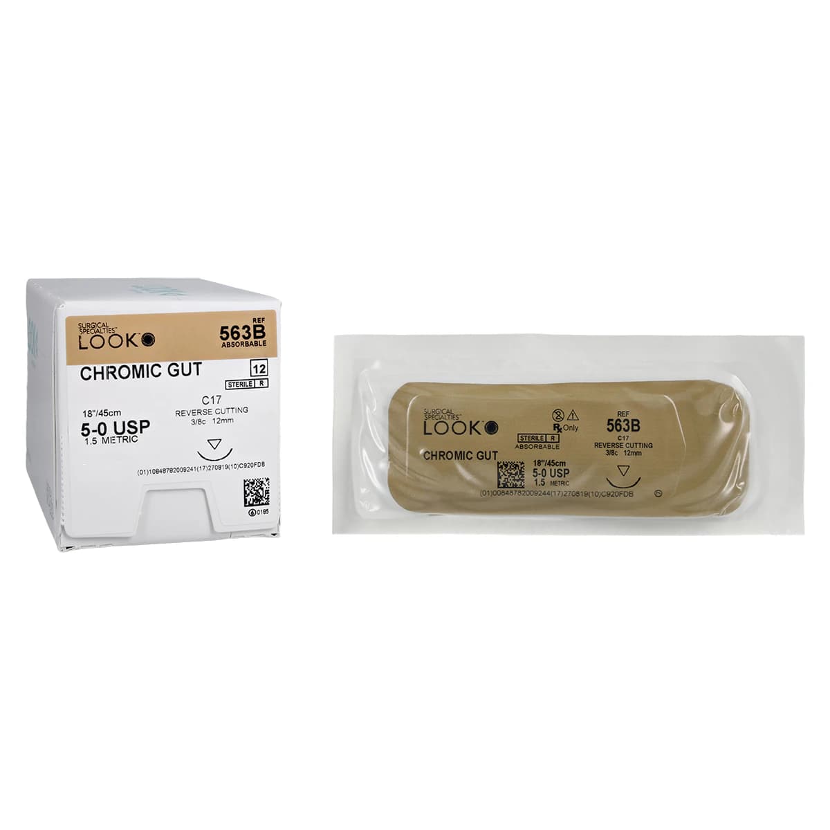 Look Chromic Gut Absorbable Suture, 5-0, 18"/45 cm, C17 Reverse Cutting Needle, 3/8 Circle, 12/Pk, 563B thumbnail 2