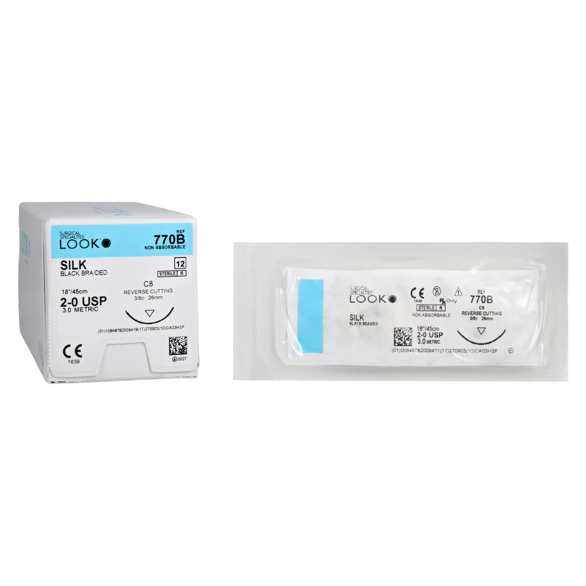 Look 770B Silk Black Braided Non-Absorbable Suture, 2-0, 18", Reverse-Cutting C-8 Needle, 3/8 Circle, 12/Box thumbnail 2