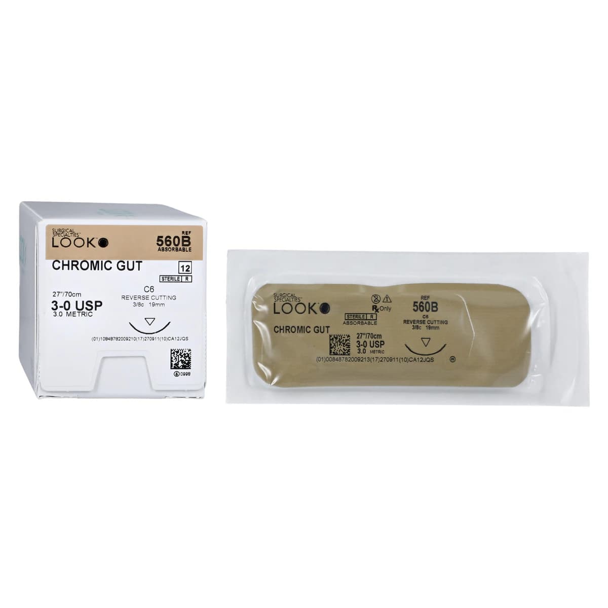 Look Chromic Gut Absorbable Suture, 3-0, 27" (70 cm), C-6 Reverse Cutting Needle, 3/8 Circle, 12/Pk, 560B - Chromic Gut Suture with C6 Needle (RC), 3/8 Circle, 27"/70 cm, # 3-0, 12/Pk, 560B - Image 1