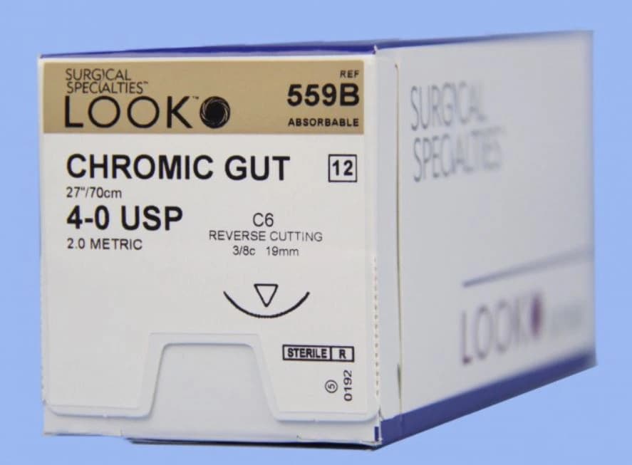 Look Chromic Gut Absorbable Suture, 4-0, 27" (70 cm), C-6 Reverse Cutting Needle, 3/8 Circle, 12/Pk, 559B - Chromic Gut Suture with C6 Needle (RC), 3/8 Circle, 27"/70 cm, # 4-0, 12/Pk, 559B - Image 1