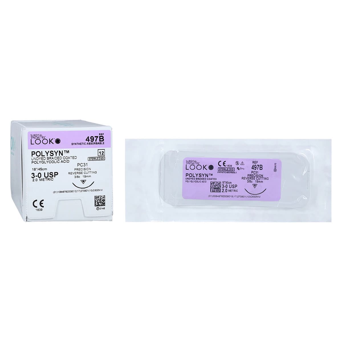 LOOK™ PolySyn™ Absorbable Braided Suture, 3-0, PGA, Undyed, PC-31 Precision Reverse Cutting Needle, 3/8 Circle, 18", 12/Box, 497B thumbnail 2