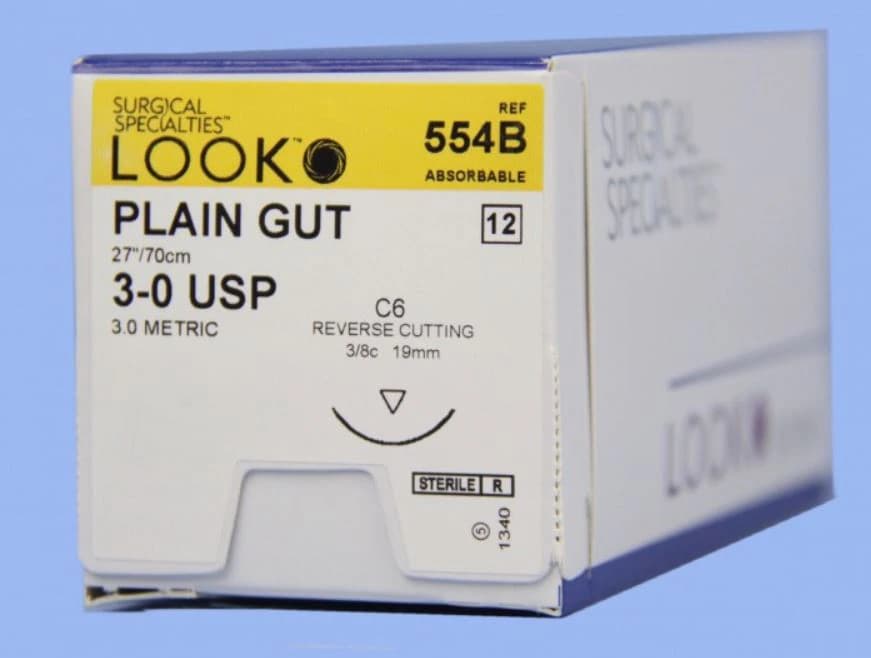 Look Plain Gut Absorbable Suture, 3-0, 27" (70 cm), C-6 Reverse Cutting Needle, 3/8 Circle, Beige, 12/Box, 554B thumbnail 2