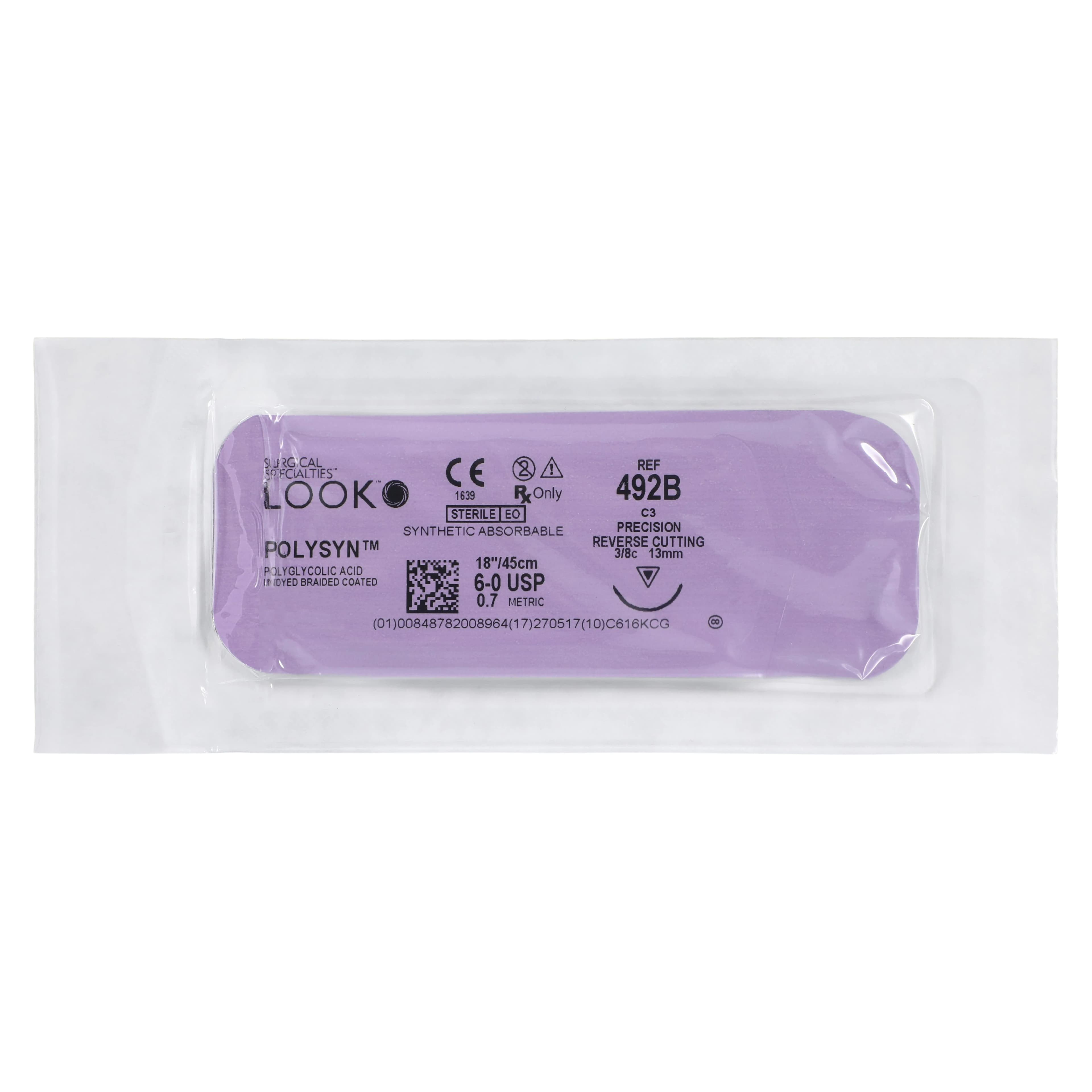 LOOK PolySyn PGA Sutures, 6-0, Undyed Braided, 18" (45cm), C-3 Precision Reverse Cutting 3/8 Circle 13mm Needle, Box of 12, #492B thumbnail 3