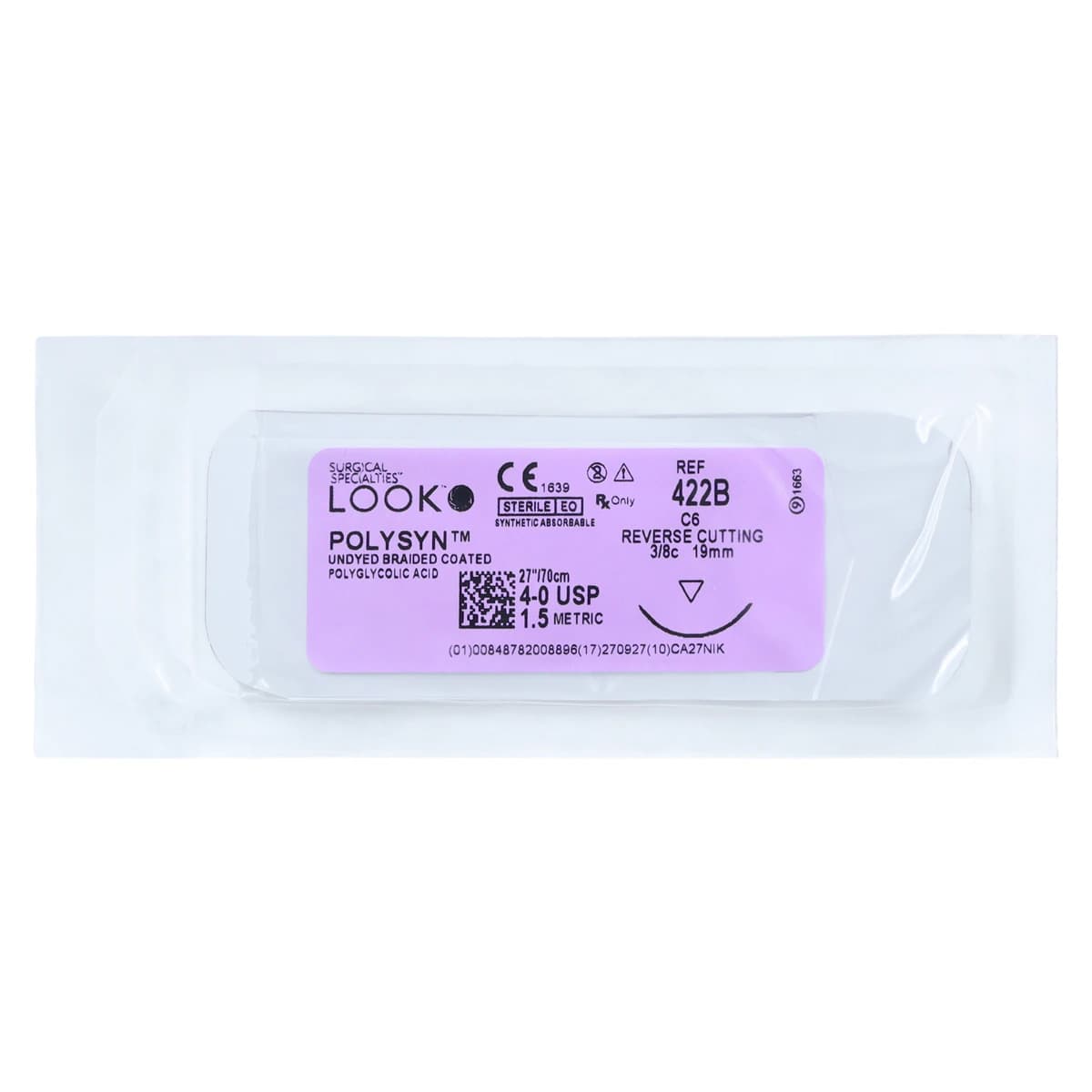 Look PolySyn Polyglycolic Acid Absorbable Suture, 4-0, Undyed Braided, 27", C-6 Reverse Cutting Needle, 3/8 Circle, 12/Box, 422B thumbnail 3