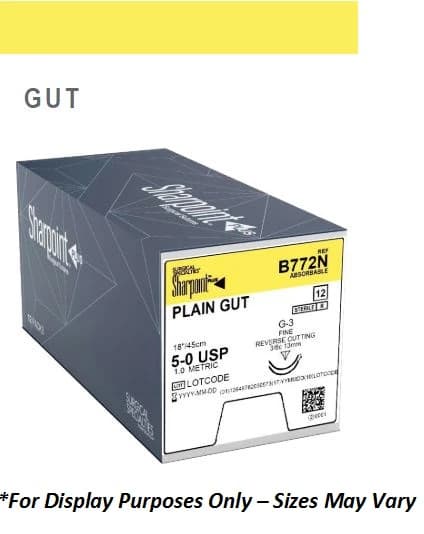 Look Plain Gut Absorbable Suture, 5-0, 18" (45 cm), C-17 Reverse Cutting Needle, 12 mm 3/8 Circle, 12/Box, 535B thumbnail 2