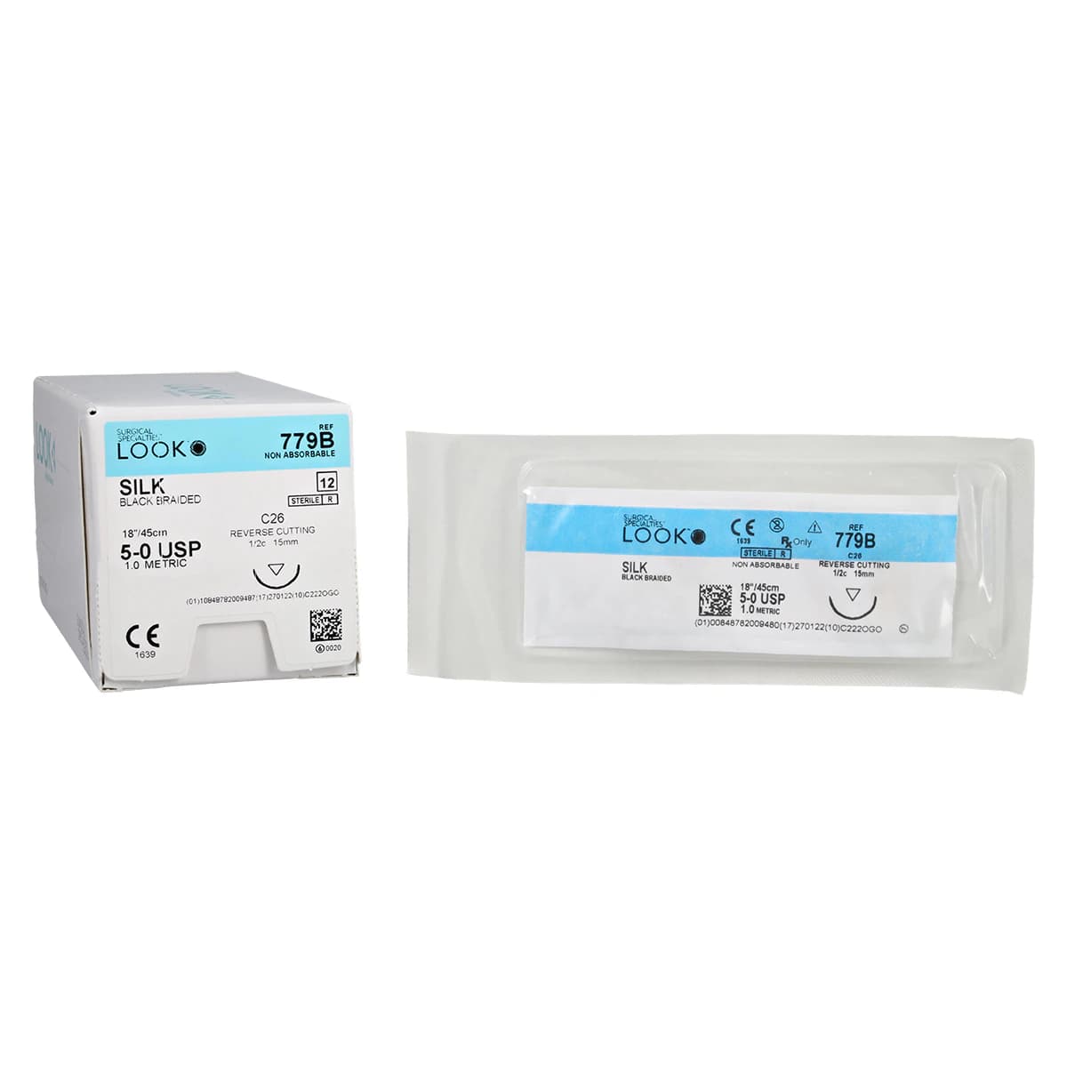 LOOK Sharpoint Silk Black Braided Non-Absorbable Suture, 5-0, 18" (45 cm), C-26 1/2 Circle Reverse Cutting Needle, 12/Box, 779B - Sharpoint Suture 5-0 18" Silk Braid C-26 Black 12Bx - Image 1