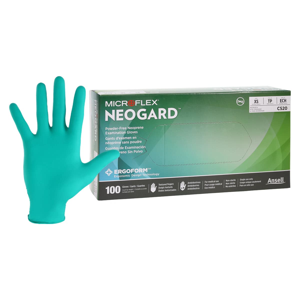 Microflex Neogard Chloroprene Exam Gloves, Powder-Free, Non-Sterile, X-Small, Green, 100/Box, C520 - Microflex Neoguard Chloroprene Green Exam Gloves PF (XS) 100Bx - Image 1