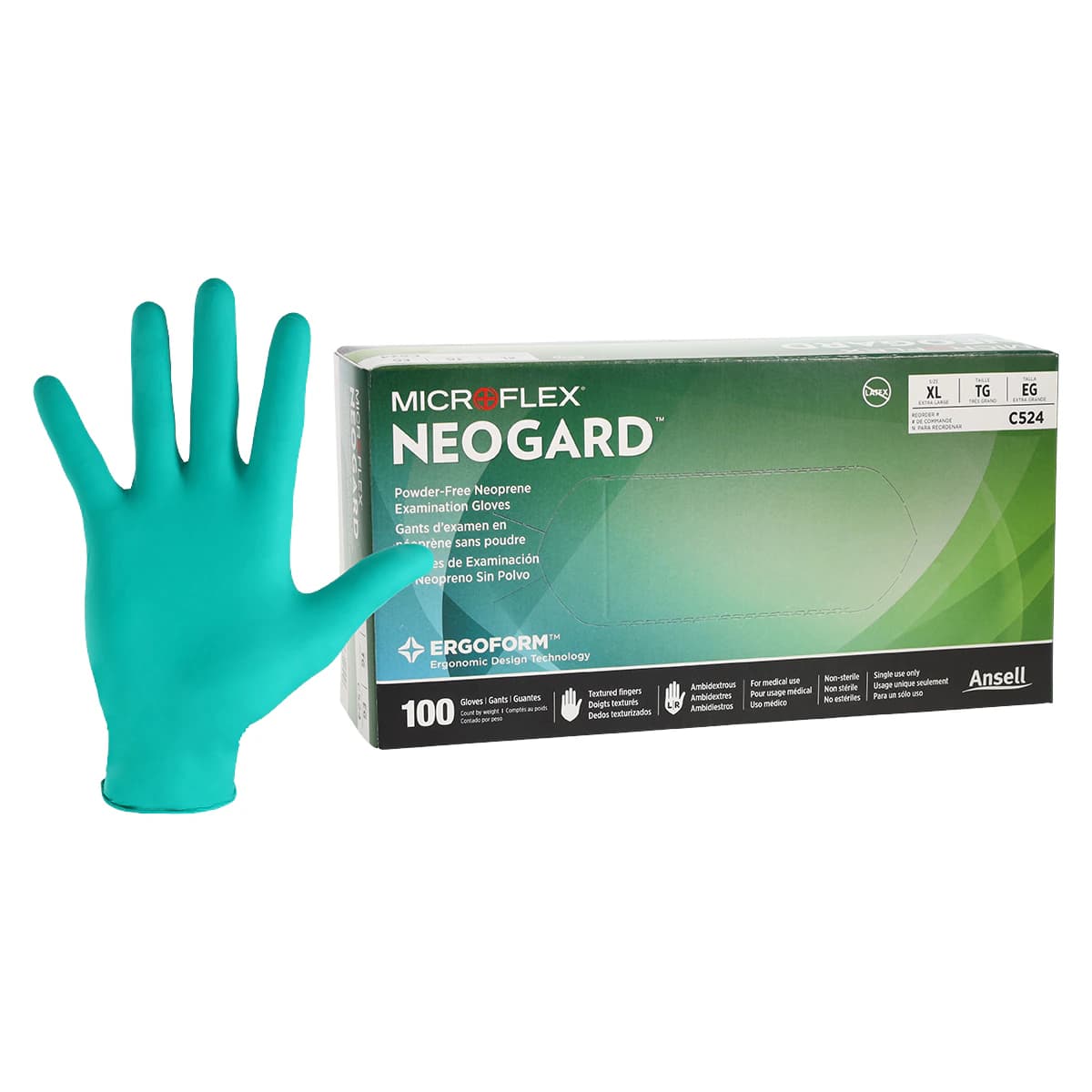 Microflex Neogard Chloroprene Exam Gloves, Powder-Free, Non-Sterile, Green, X-Large, 100/Box, C524 - Microflex Neoguard Chloroprene Green Exam Gloves PF (XL) 100Bx - Image 1