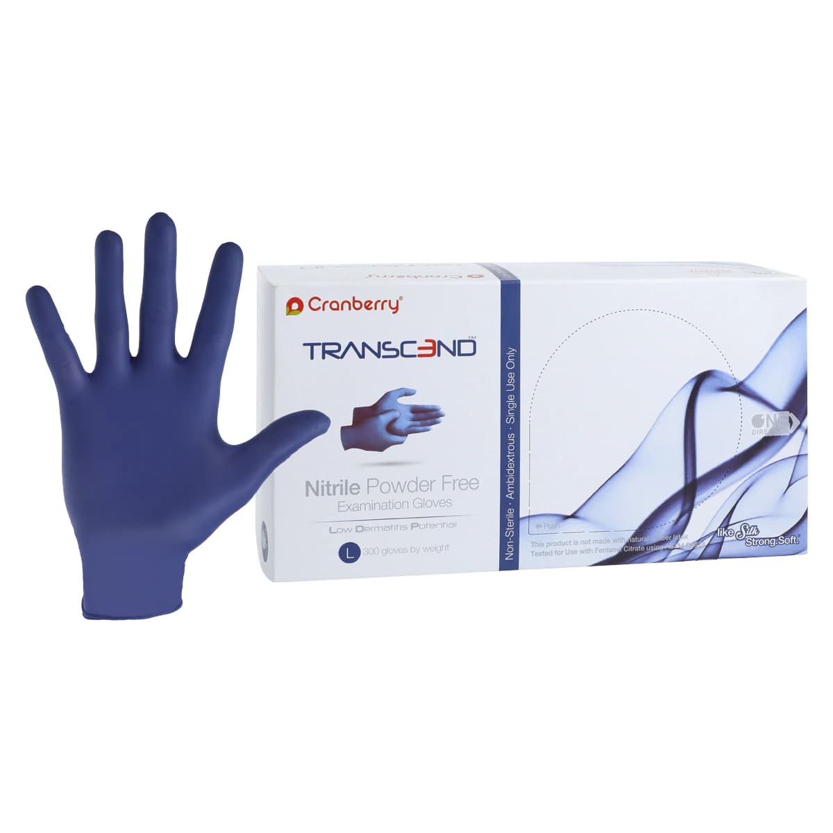Cranberry Transcend Nitrile Powder-Free Exam Gloves, Large, Matte Blue, 300/Box, CR3368 - Transcend Nitrile Exam Gloves Large Blue Box of 300 - Image 1
