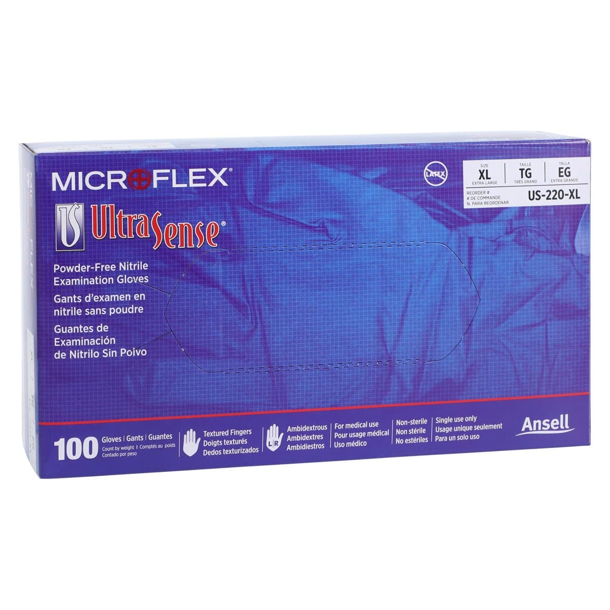 UltraSense US-220 Nitrile Exam Gloves, Powder Free, Latex Free, Non-Sterile, Textured, Blue, Extra Large, 100/Box thumbnail 4