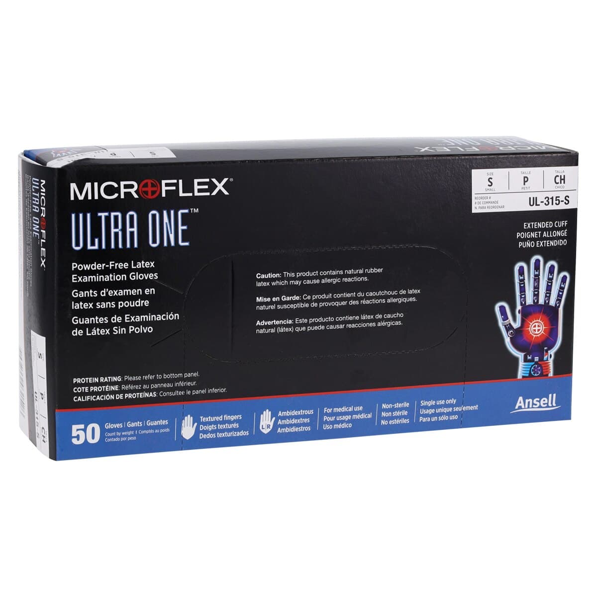 Ultra One Latex Exam Gloves, Powder-Free, Non-Sterile, Small, Natural, Textured, Extended Cuff, 50/Box, UL-315-S thumbnail 4