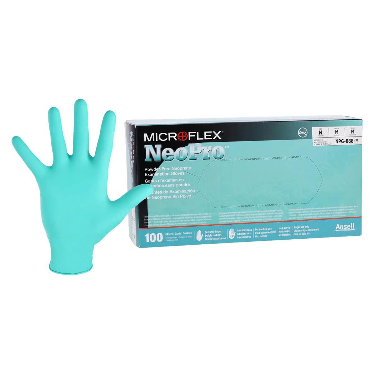 Microflex NeoPro Chloroprene Exam Gloves, Powder-Free, Latex-Free, Green, Medium, 100/Box, NPG-888-M - NeoPro Chloroprene Gloves, Powder-Free, Medium, Green, 100/Pk, NPG-888-M - Image 1