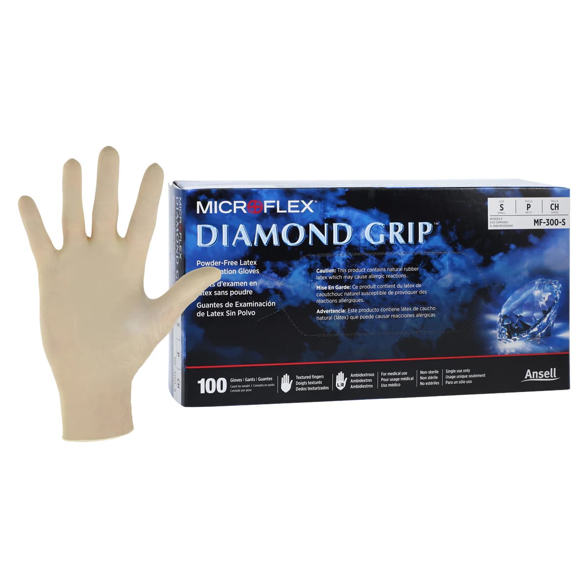 Microflex Diamond Grip MF-300 Powder-Free Latex Exam Gloves, Small, Natural, 100/Box, MF-300-S - Diamond Grip MF-300 Gloves, Powder-Free, Latex, Small, 100/Pk, MF-300-S - Image 1
