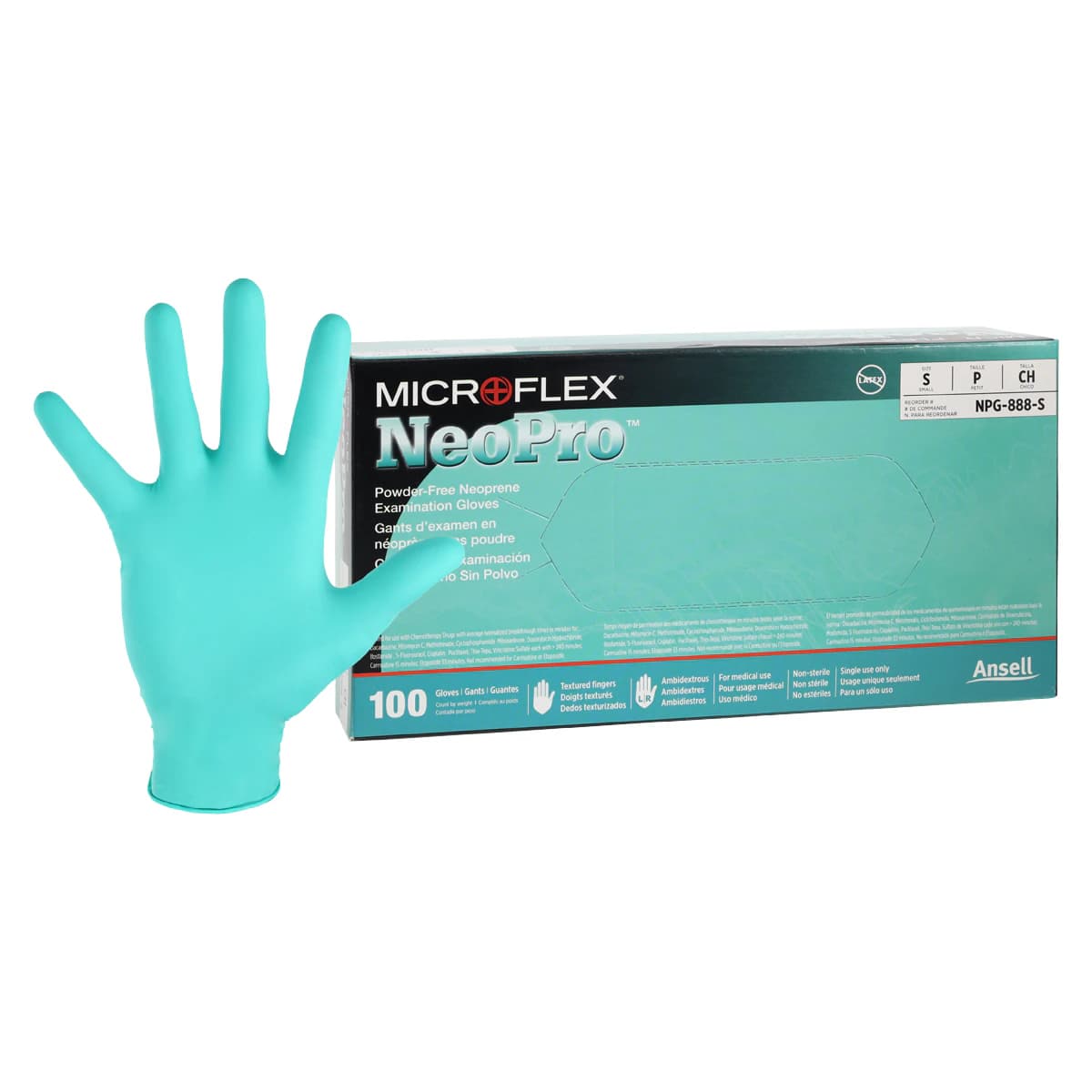 Microflex NeoPro Chloroprene Exam Gloves, Powder-Free, Latex-Free, Green, Small, 100/Box, NPG-888-S - NeoPro Chloroprene Gloves, Powder-Free, Small, Green, 100/Pk, NPG-888-S - Image 1