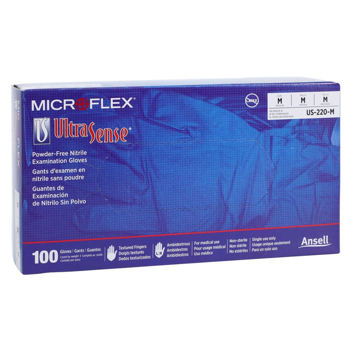 Microflex UltraSense US-220 Nitrile Exam Gloves, Powder-Free, Non-Sterile, Textured Fingers, Blue, Medium, 100/Box thumbnail 4