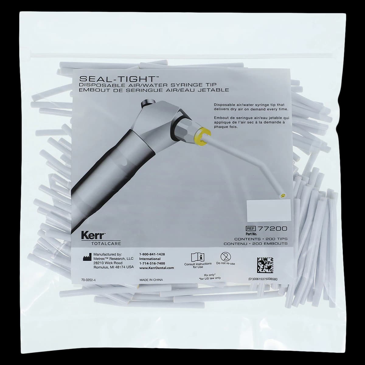Kerr TotalCare Seal-Tight Disposable Air/Water Syringe Tips, White, Bendable, 200/Bag, Refill 77200 - Seal-Tight 200 Tips. Disposable Air/Water Syringe Tips. Bendable, Adapter - Image 1