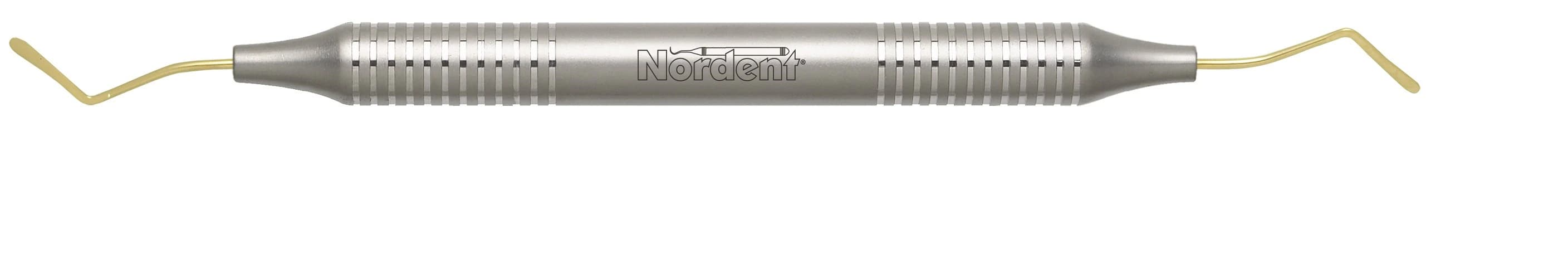 Nordent Composite Placement Instrument, Double End, #LRT Curved Paddle, Titanium Nitride Coated, DuraLite Round Handle, Stainless Steel, REPFILRT - Composite Placement DE TiN Coated Double Paddle #LR Curved DuraLite ROUND - Image 1