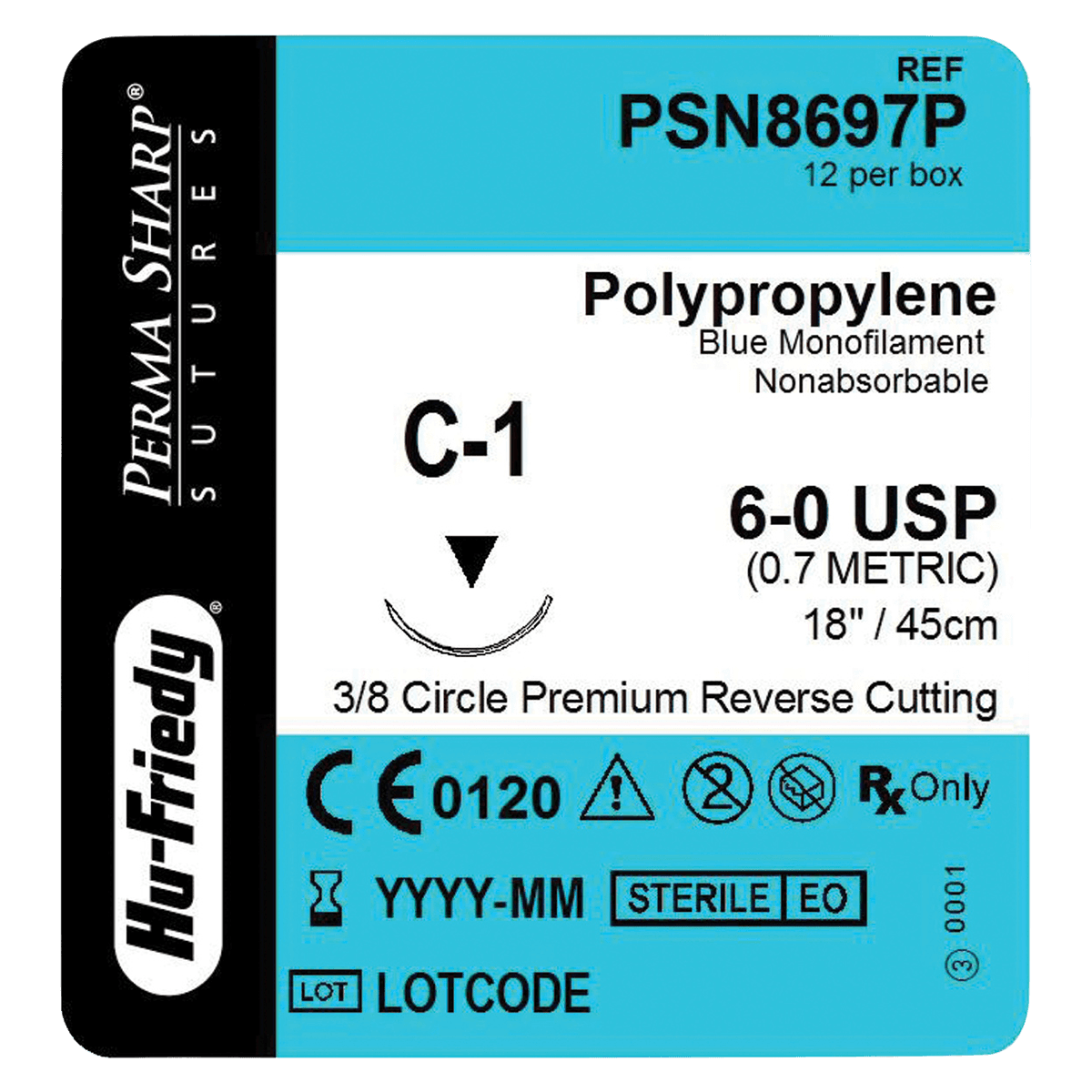 Hu-Friedy Perma Sharp Polypropylene Suture, 6-0, Blue, 18", C-1 Premium Reverse Cutting 3/8 Circle Needle, 12/Box, PSN8697P - Suture Polypropylene C-1 Needle 6-0 Box of 12 - Image 1