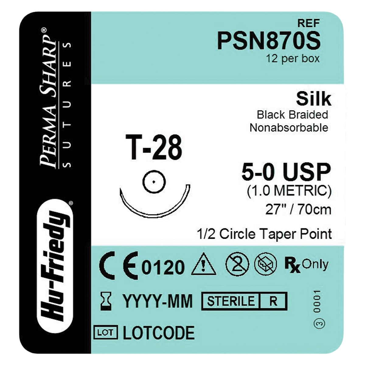 Perma Sharp Non-Absorbable Silk Black Braided Suture, 5-0, 27", T-28 Taper Point 1/2 Circle Needle 17.5mm, 12/Box, PSN870S - Perma Sharp&reg; Sutures - Non-Absorbable Silk Black Braided - 5-0 / T-28 / 27" - Image 1