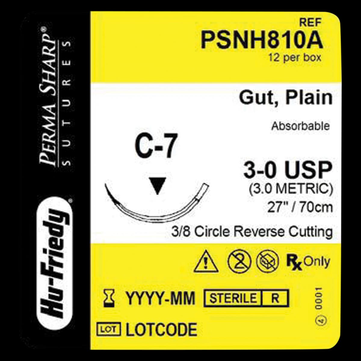 Hu-Friedy Perma Sharp Plain Gut Absorbable Suture, 3-0, C-7 Reverse Cutting Needle, 3/8 Circle, 27", 12/Box, PSNH810A - Suture Plain Gut C-7 Needle 3-0 Box of 12 - Image 1