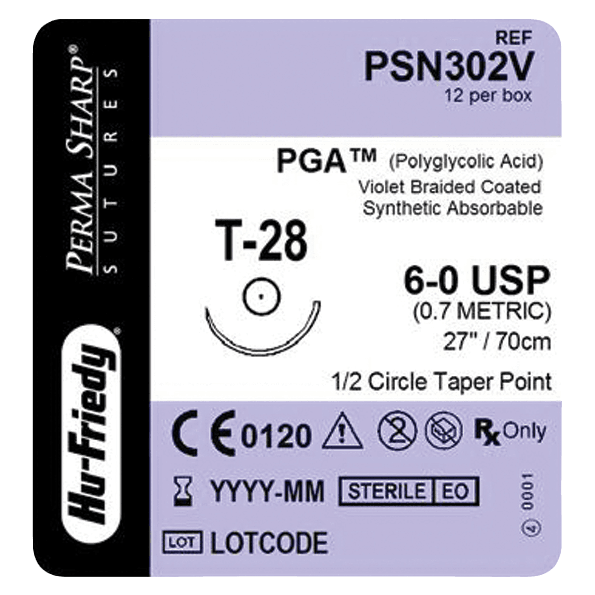Hu-Friedy Perma Sharp Absorbable PGA Violet-Dyed Braided Suture, 6-0, 27", T-28 Taper Point 1/2 Circle Needle, 17.5mm, Box of 12 thumbnail 2