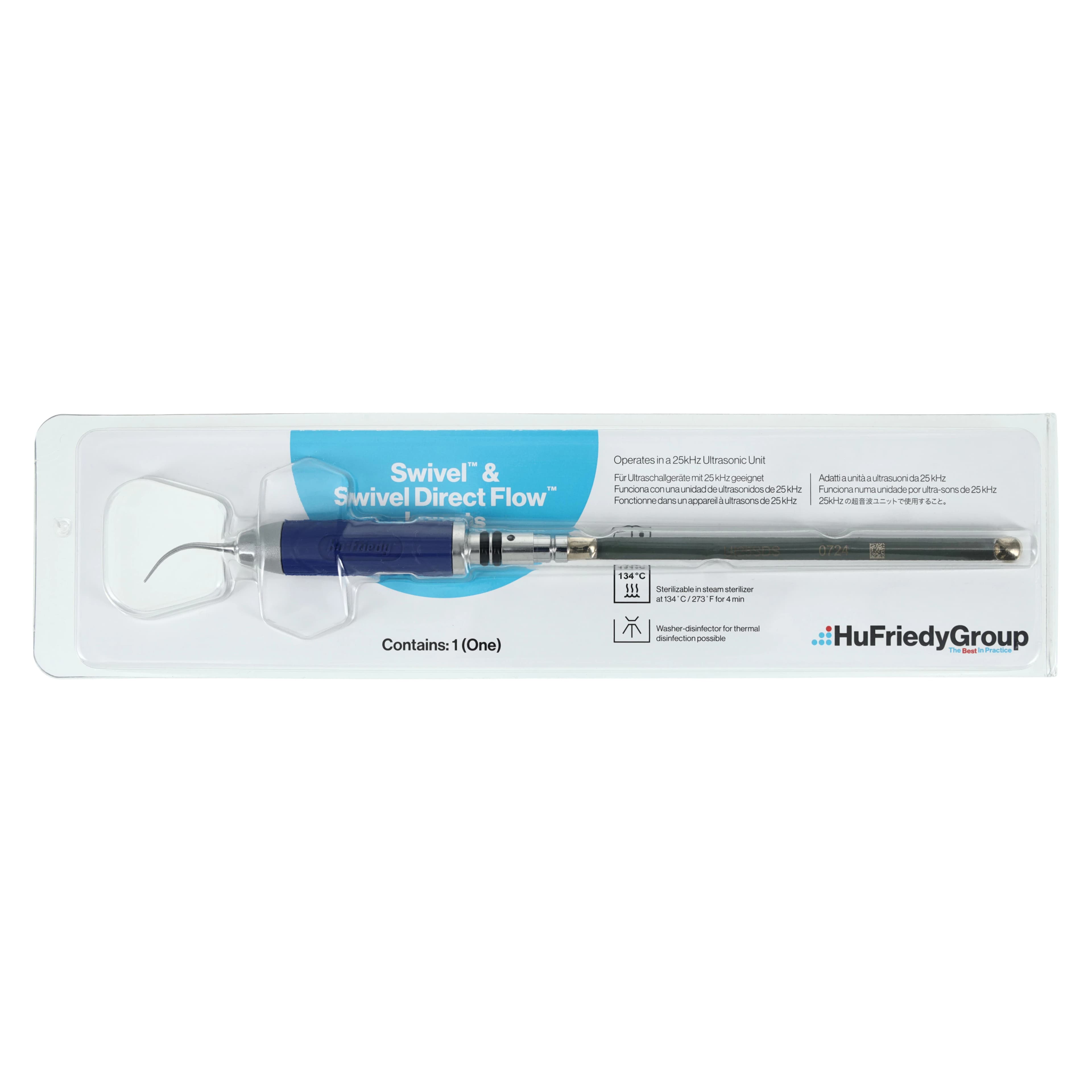 Hu-Friedy After Five Swivel Direct Flow Straight Ultrasonic Insert, 25 kHz, Dark Blue Resin Handle, UI25SDS - AF Swivel Direct Flow Straight, 25K Dark Blue Silicone Swivel - Image 1