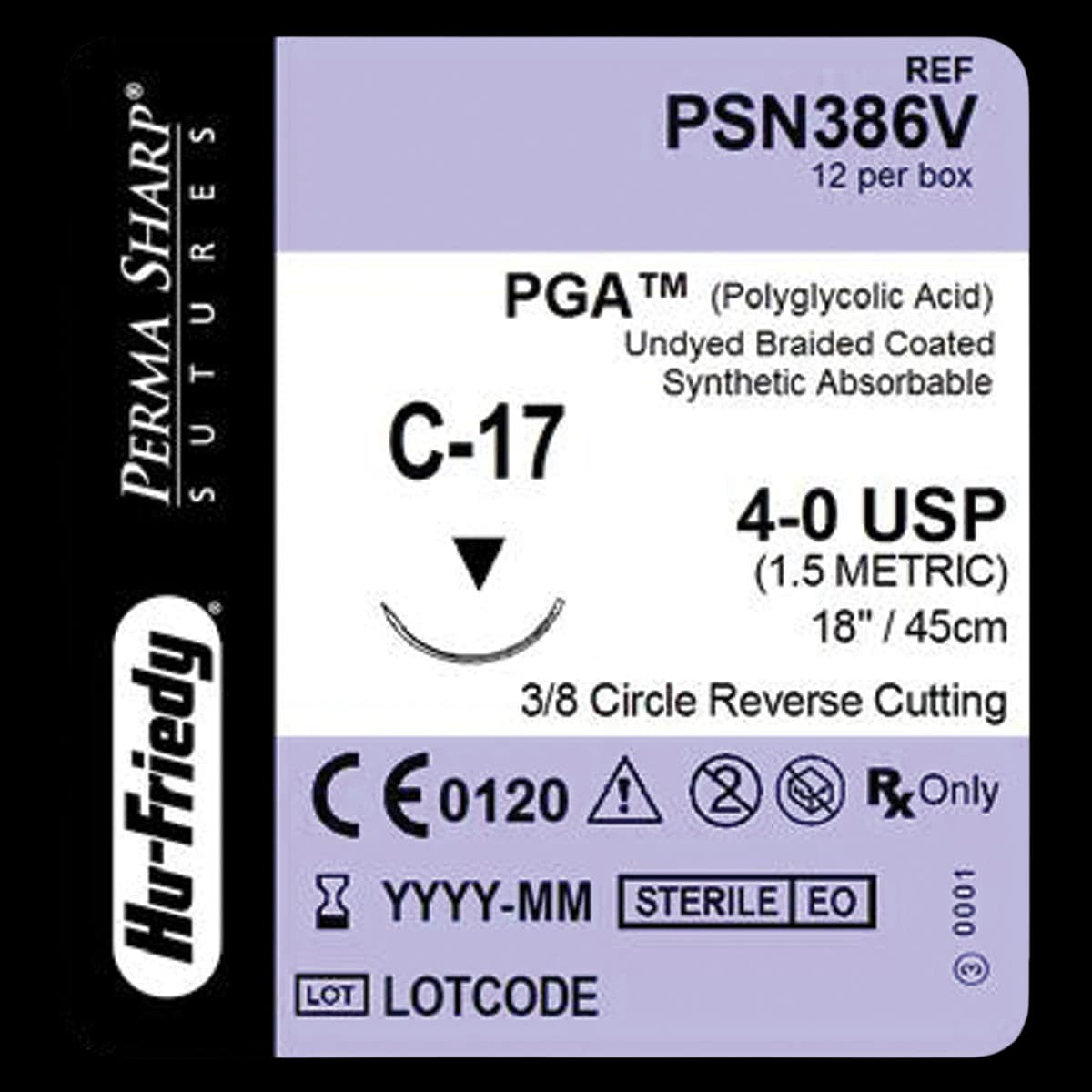 Perma Sharp® Absorbable PGA Undyed Braided Suture, 4-0, C-17 Reverse Cutting 3/8 Circle Needle, 18", 12/Box, PSN386V - Perma Sharp&reg; Sutures - Absorbable PGA Undyed Braided - 4-0 / C-17 / 18" - Image 1