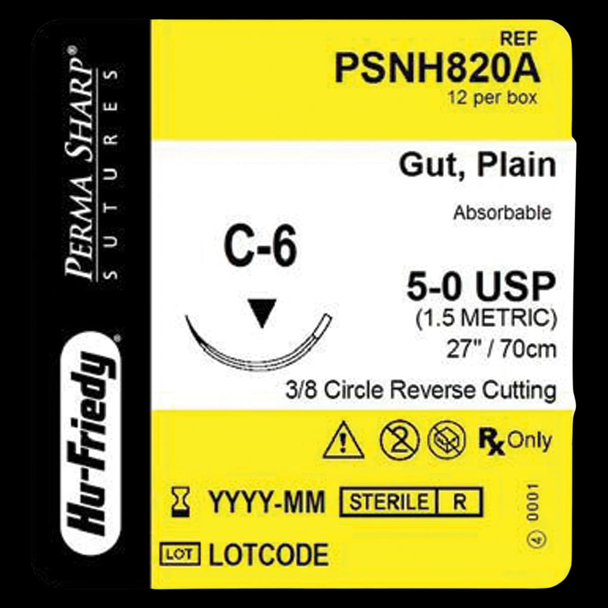 Hu-Friedy Perma Sharp Absorbable Plain Gut Suture, 5-0, 27", C-6 Reverse Cutting Needle, 3/8 Circle, 12/Box, PSNH820A - Perma Sharp&reg; Sutures - Absorbable Plain Gut - 5-0 / C-6 / 27" - Image 1
