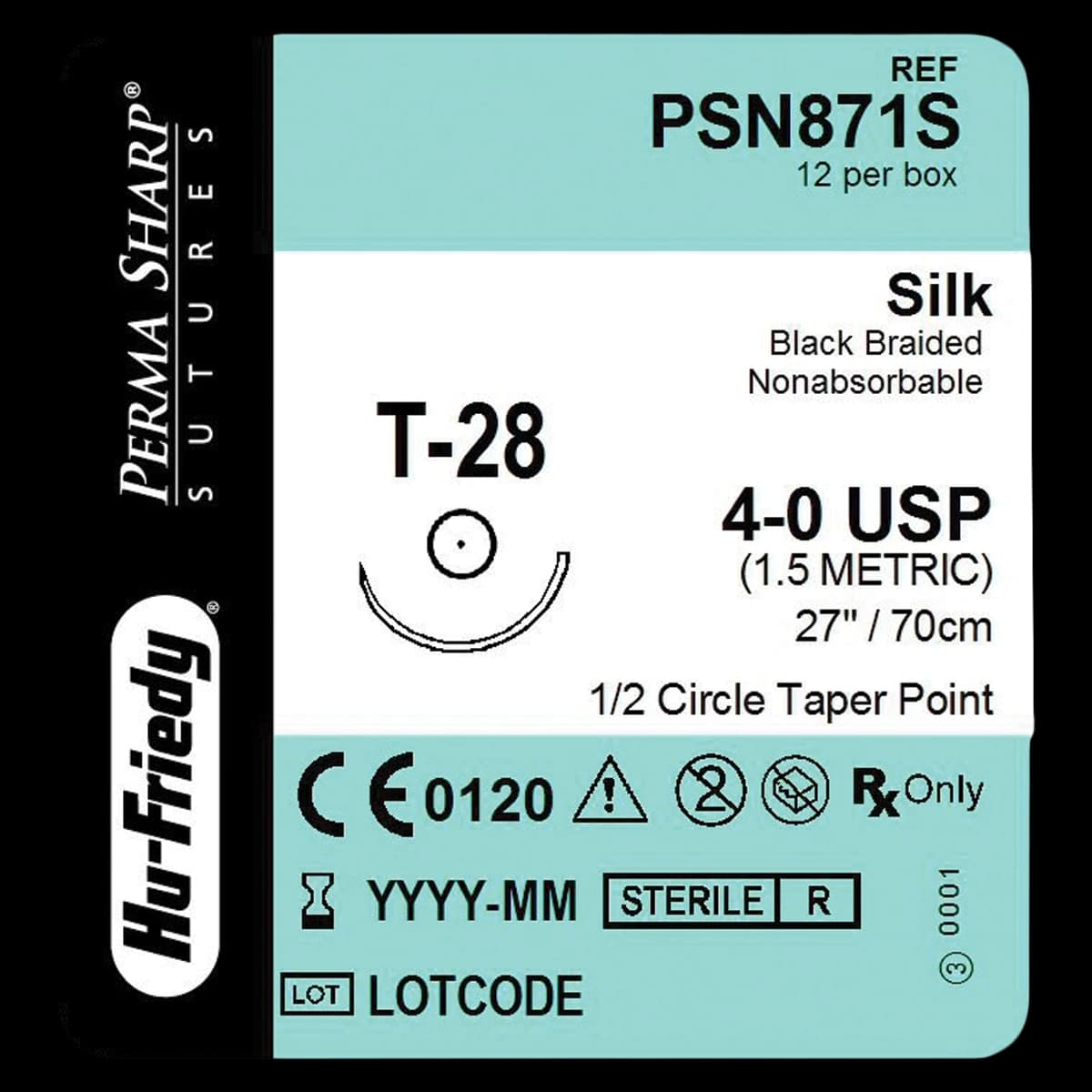 Perma Sharp Non-Absorbable Silk Black Braided Suture, 4-0, 27", T-28 Taper Point 1/2 Circle Needle 17.5mm, 12/Box, PSN871S - Perma Sharp&reg; Sutures - Non-Absorbable Silk Black Braided - 4-0 / T-28 / 27" - Image 1