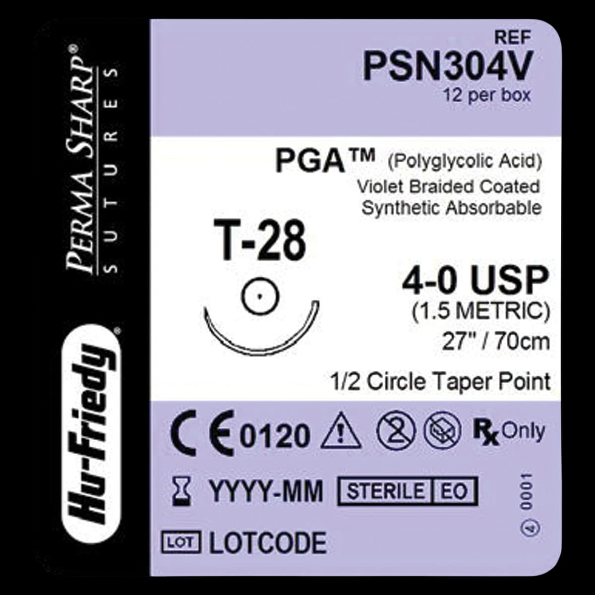 Hu-Friedy Perma Sharp Sutures, Absorbable PGA Violet-Dyed Braided, 4-0, T-28 Needle, 1/2 Circle, 27", 17.5mm, 12/Box - Perma Sharp&reg; Sutures - Absorbable PGA Violet-Dyed Braided - 4-0 / T-28 / 27" - Image 1