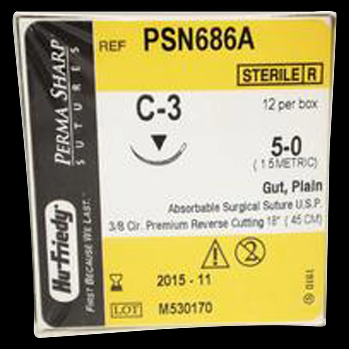 Hu-Friedy Perma Sharp Plain Gut Absorbable Suture, 5-0, C-3 Premium Reverse Cutting Needle, 3/8 Circle, 18", PSN686A, 12/Box - Suture Plain Gut C-3 Needle 5-0 Box of 12 - Image 1