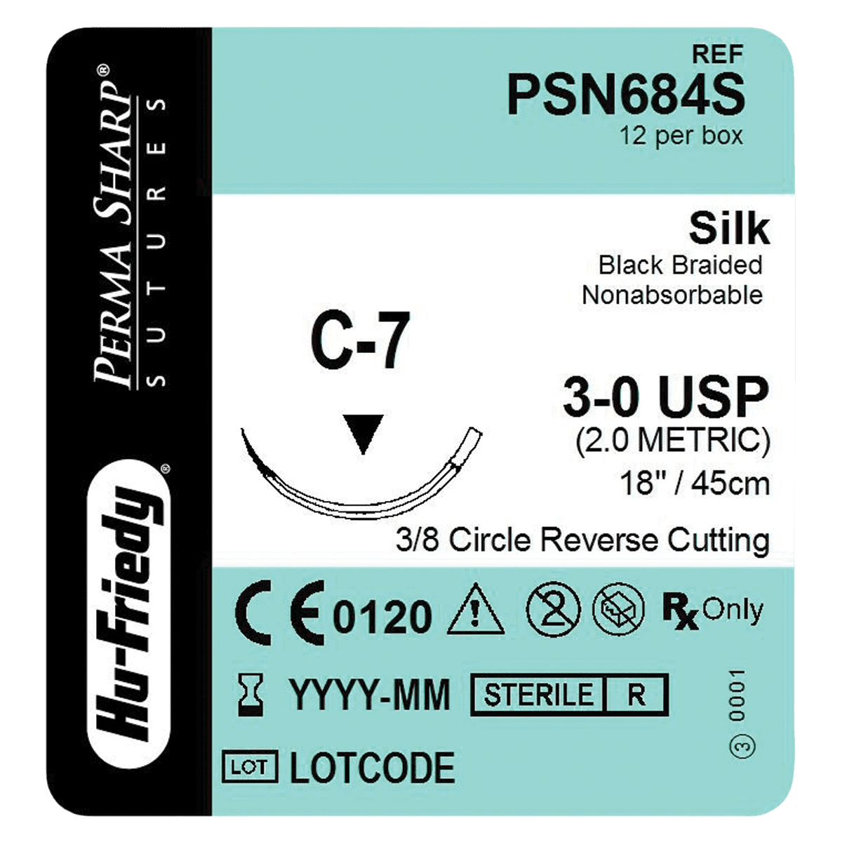 Hu-Friedy Perma Sharp Silk Black Braided Suture, 3-0, C-7 Reverse Cutting Needle, 3/8 Circle, 18", Non-Absorbable, 12/Box, PSN684S - Suture Silk C-7 Needle 3-0 Box of 12 - Image 1