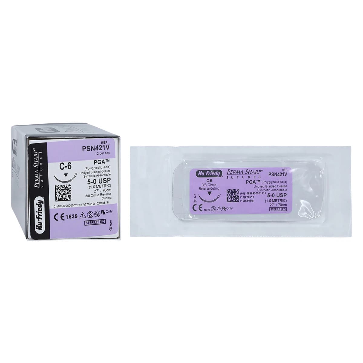 Hu-Friedy Perma Sharp PGA Absorbable Suture, 5-0, Undyed Braided, C-6 Reverse Cutting 3/8 Circle Needle, 27", 12/Box, PSN421V - Suture PGA C-6 Needle 5-0 Box of 12 - Image 1