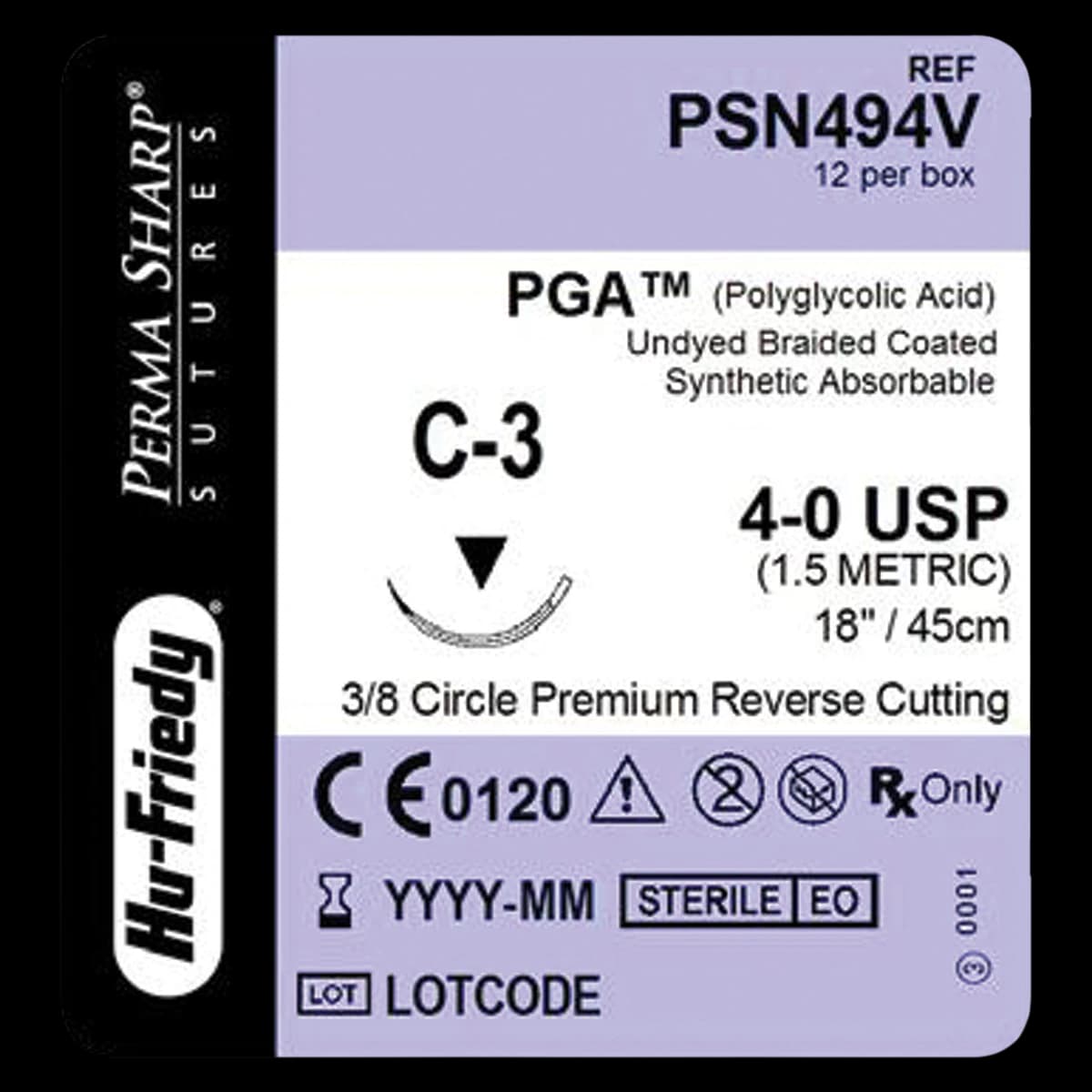 Perma Sharp Absorbable PGA Braided Suture, 4-0, Undyed, 18", C-3 Premium Reverse Cutting 3/8 Circle Needle, 12/Pk, PSN494V - Perma Sharp&reg; Sutures - Absorbable PGA Undyed Braided - 4-0 / C-3 / 18" - Image 1