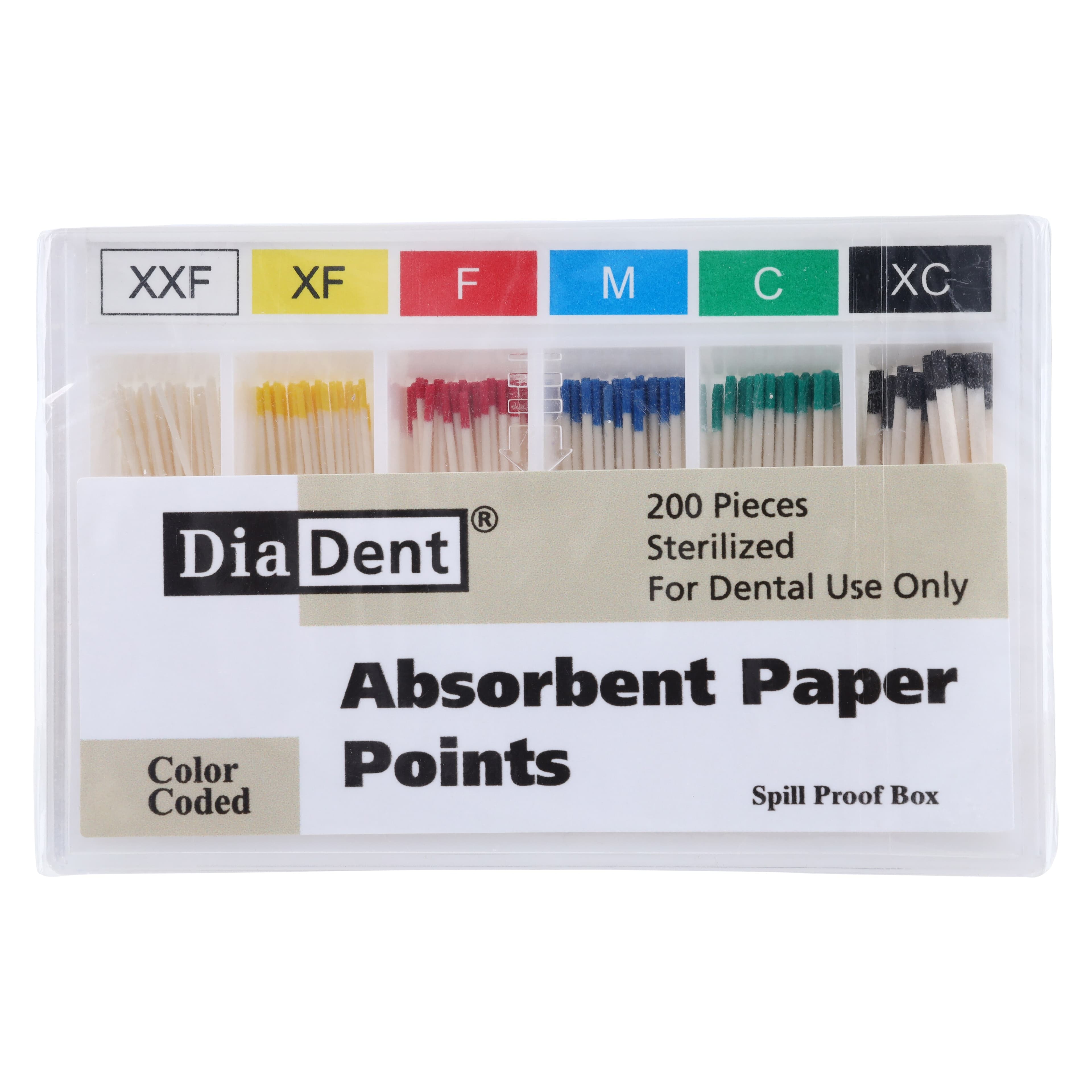 Diadent Absorbent Paper Points, Assorted XX-Fine to X-Coarse, Spill-Proof Sliding Box, 200/Box - #XFF/XC Absorbent Paper Points Sliding Package Box of 200 - Image 1