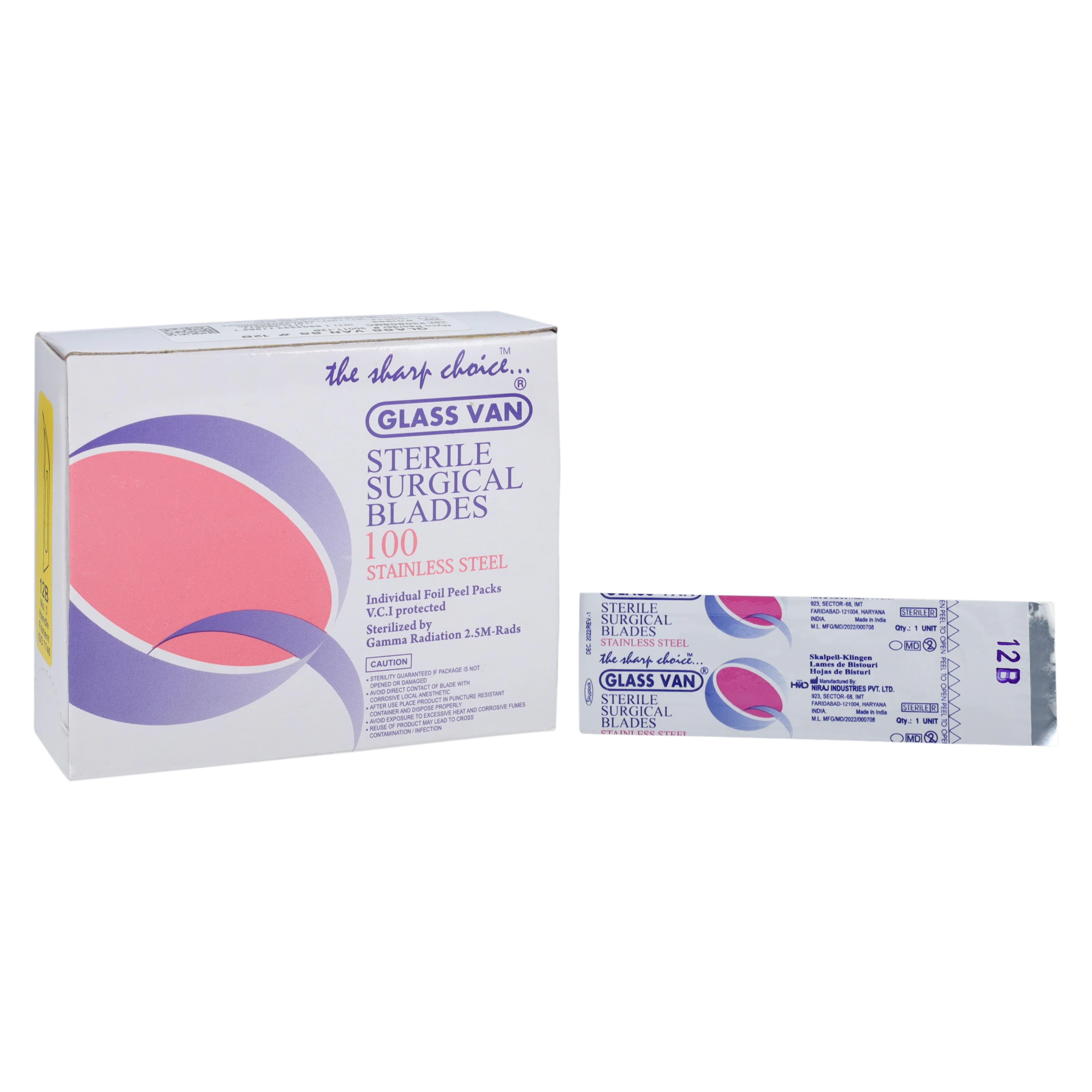 GLASSVAN Sterile Stainless Steel Surgical Blades, #12B, 100/Box, 3001T-12B - GLASSVAN® #12B Sterile Stainless Blade Box of 100 - Image 1