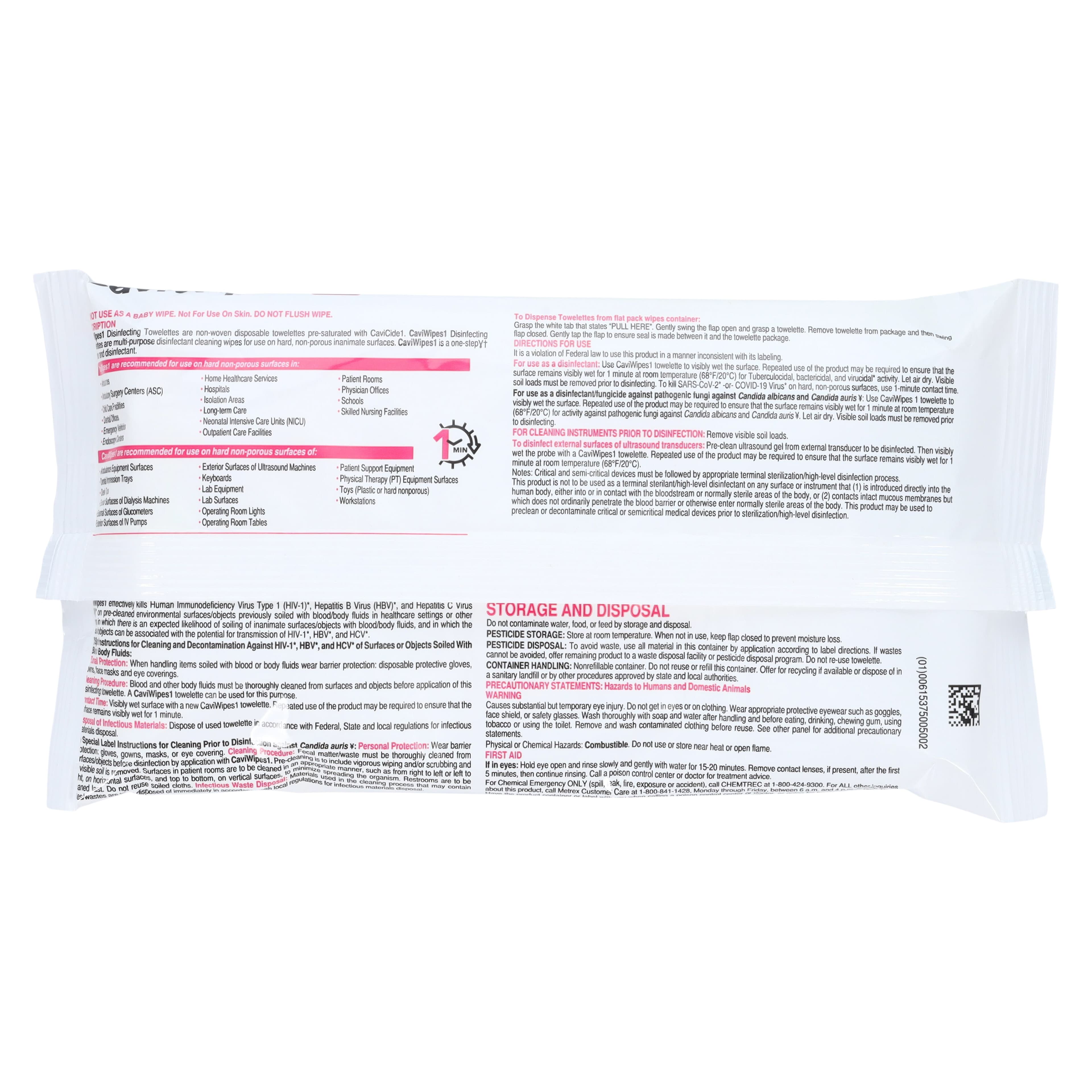 CaviWipes1 Disinfecting Towelettes, Flat Pack, 7" x 9", 45/Pk, Metrex thumbnail 2