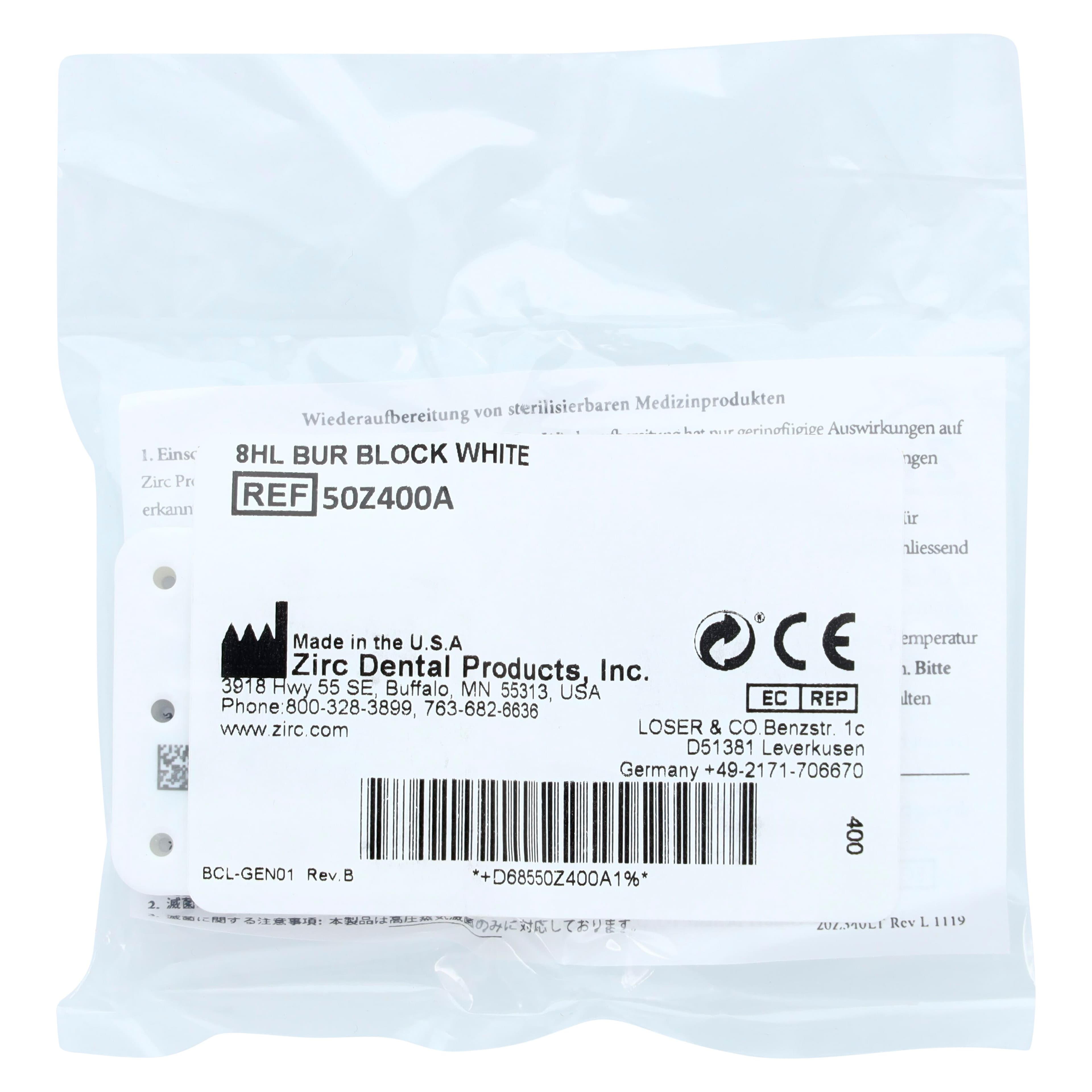Zirc Magnetic Bur Block, 8-Hole, White, Fits FG/RA/HP Burs, Autoclavable, 50Z400-A thumbnail 3